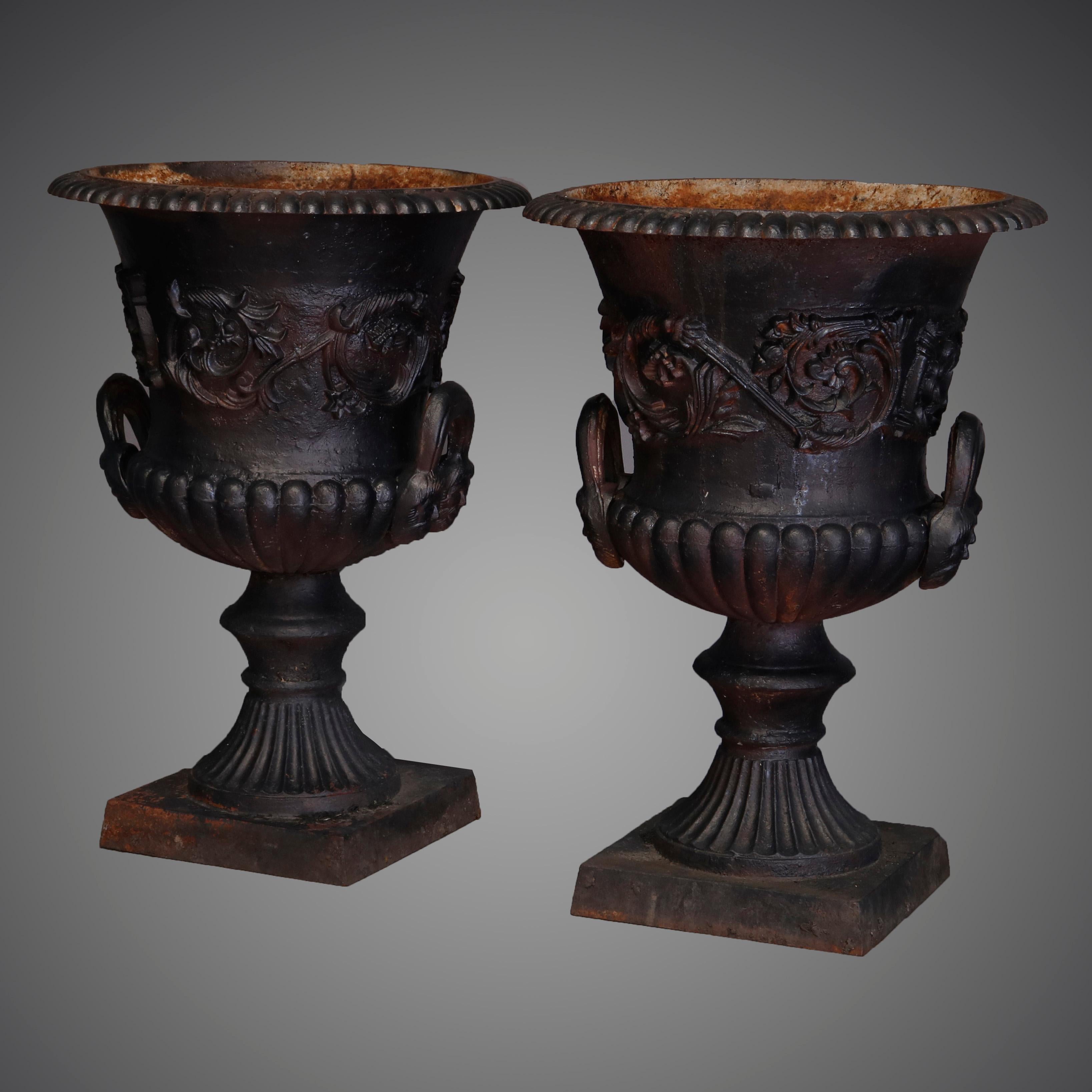 Pair of Large Neoclassical Painted Relief Cast Iron Garden Urns, 20th Century 1