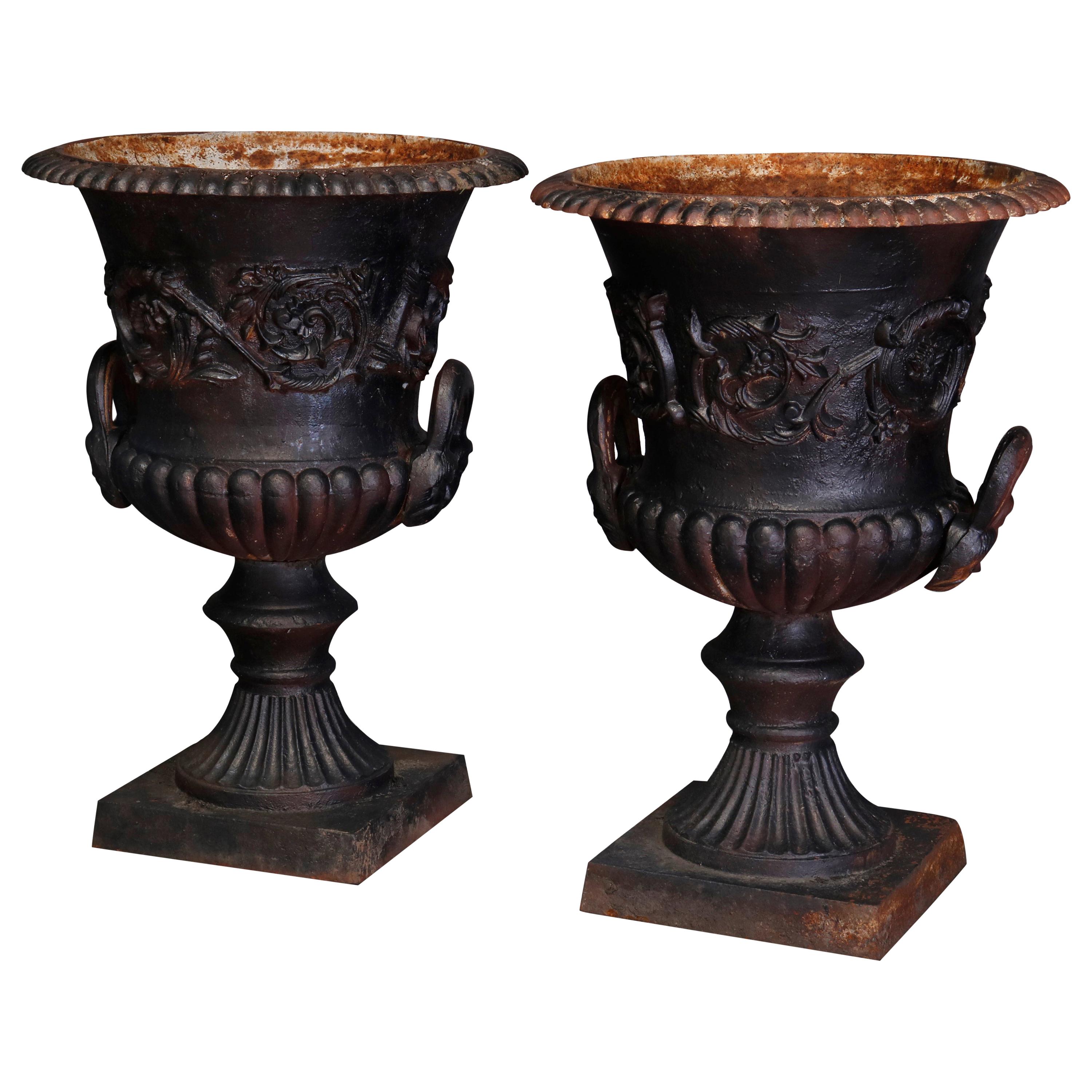 Pair of Large Neoclassical Painted Relief Cast Iron Garden Urns, 20th