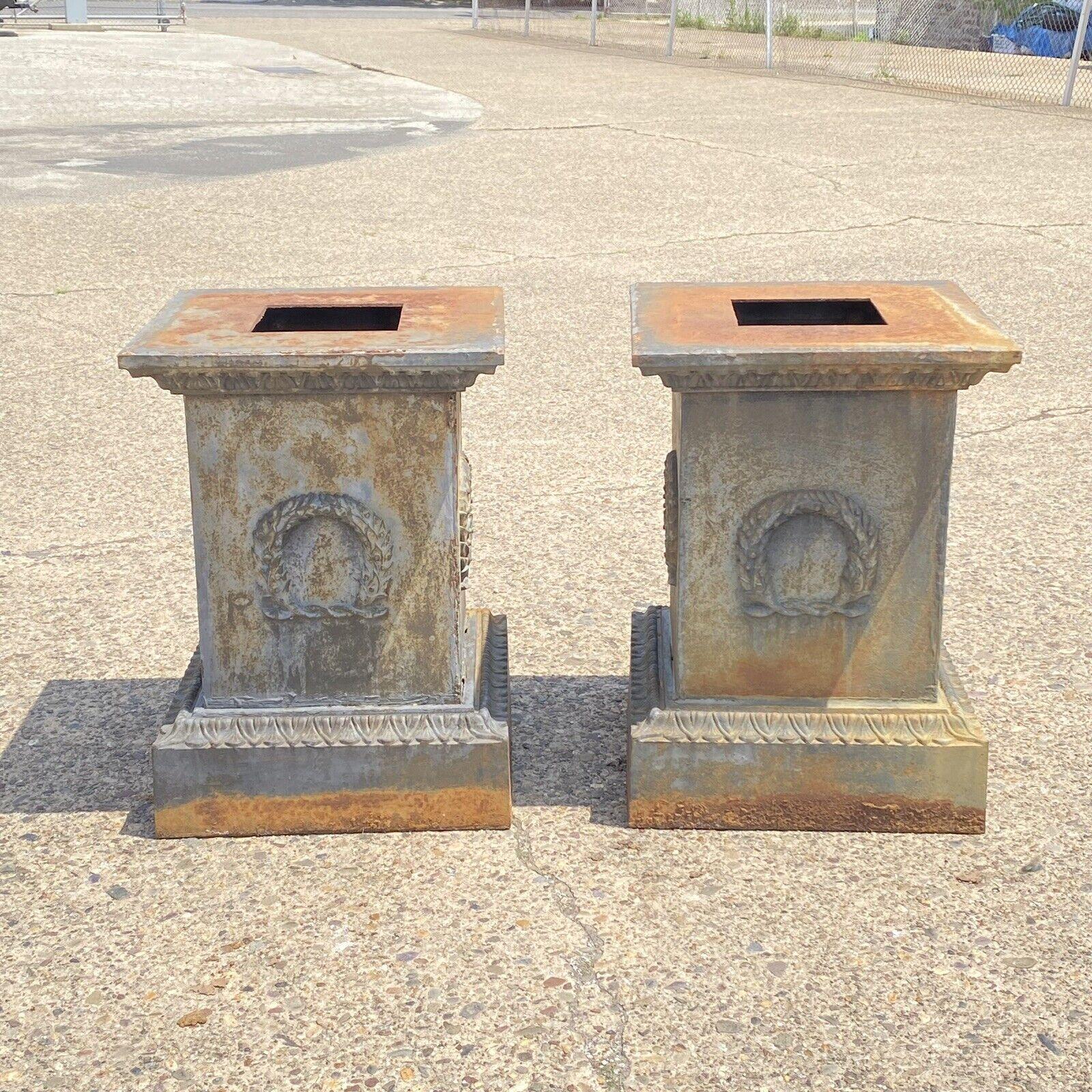 Pair Large Neoclassical Style Cast Iron Wreath Garden Planter Urn Pedestal Base In Good Condition In Philadelphia, PA