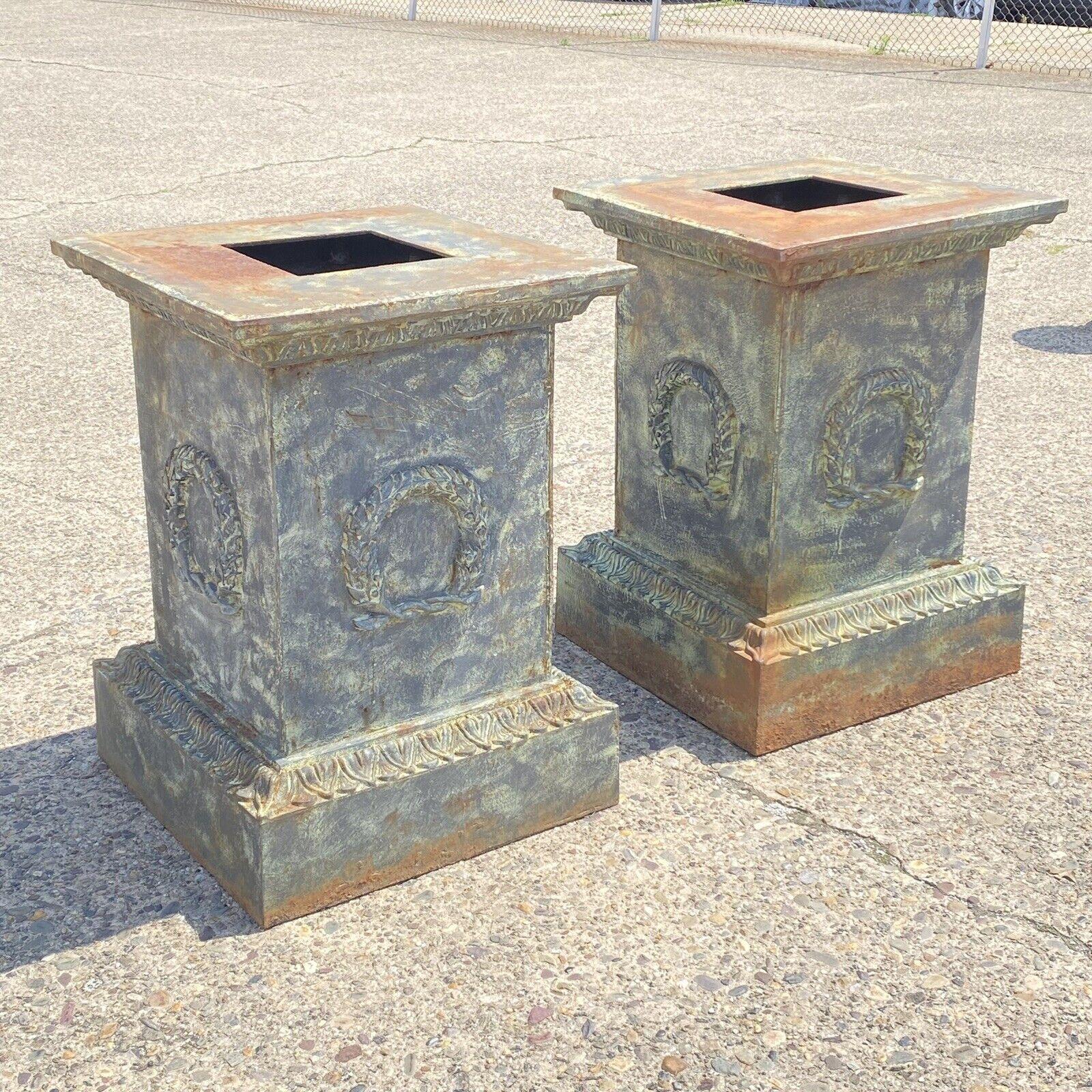 Pair Large Neoclassical Style Cast Iron Wreath Green Garden Urn Pedestal Base For Sale 8