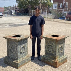 Pair Large Neoclassical Style Cast Iron Wreath Green Garden Urn Pedestal Base