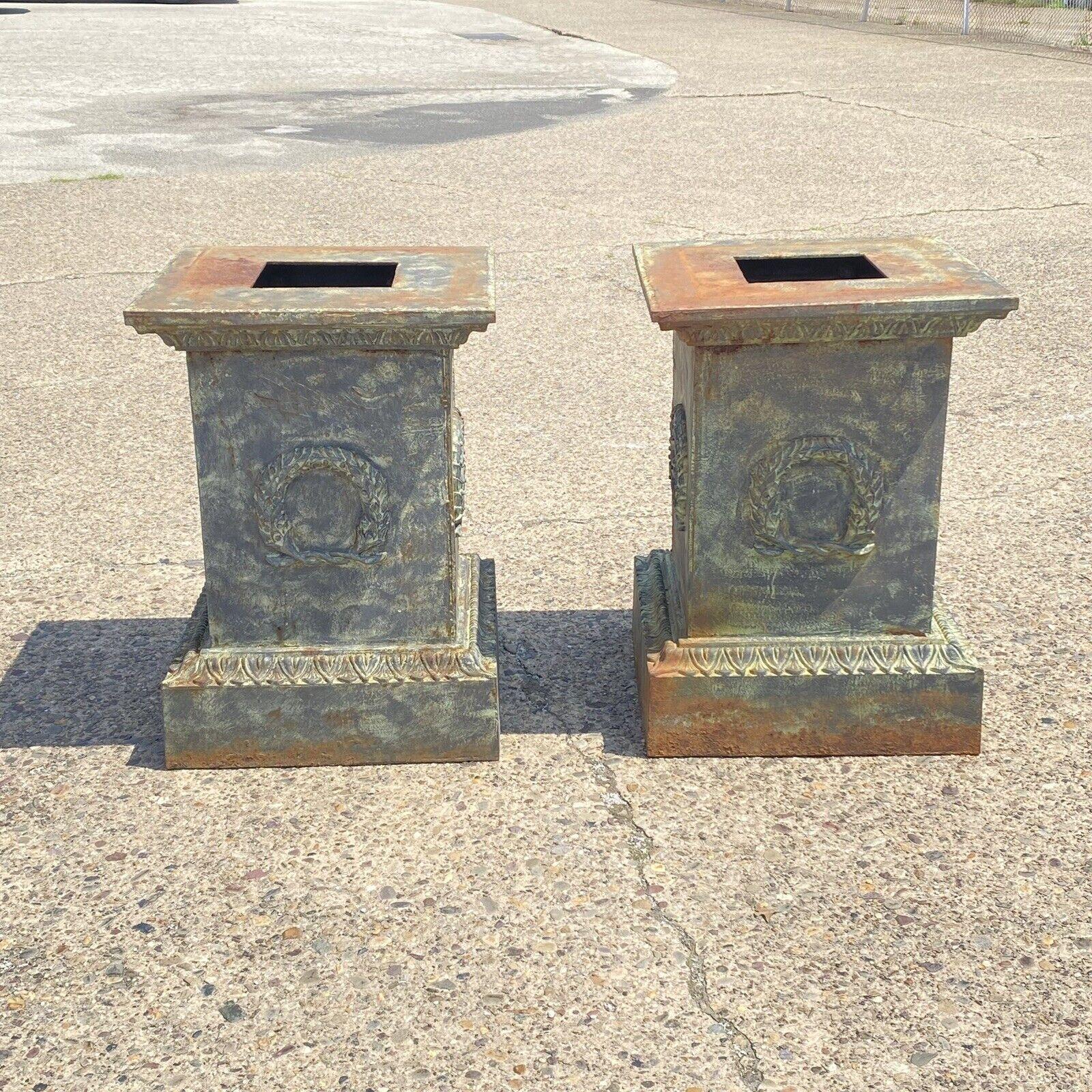 Pair Large Neoclassical Style Cast Iron Wreath Green Garden Urn Pedestal Base In Good Condition For Sale In Philadelphia, PA