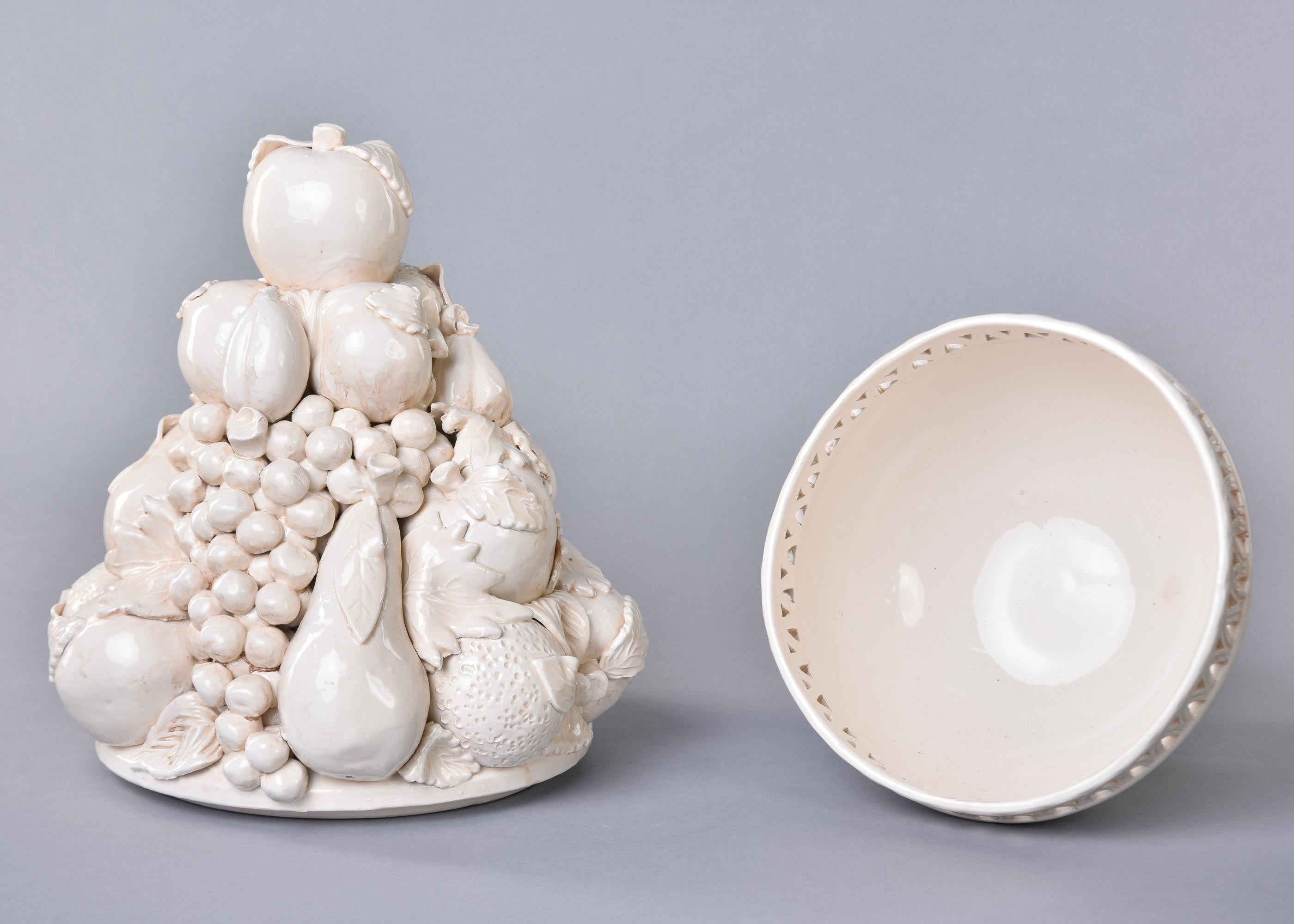 Pair Large New Italian Lidded White Ceramic Fruit Garniture Bowls 6