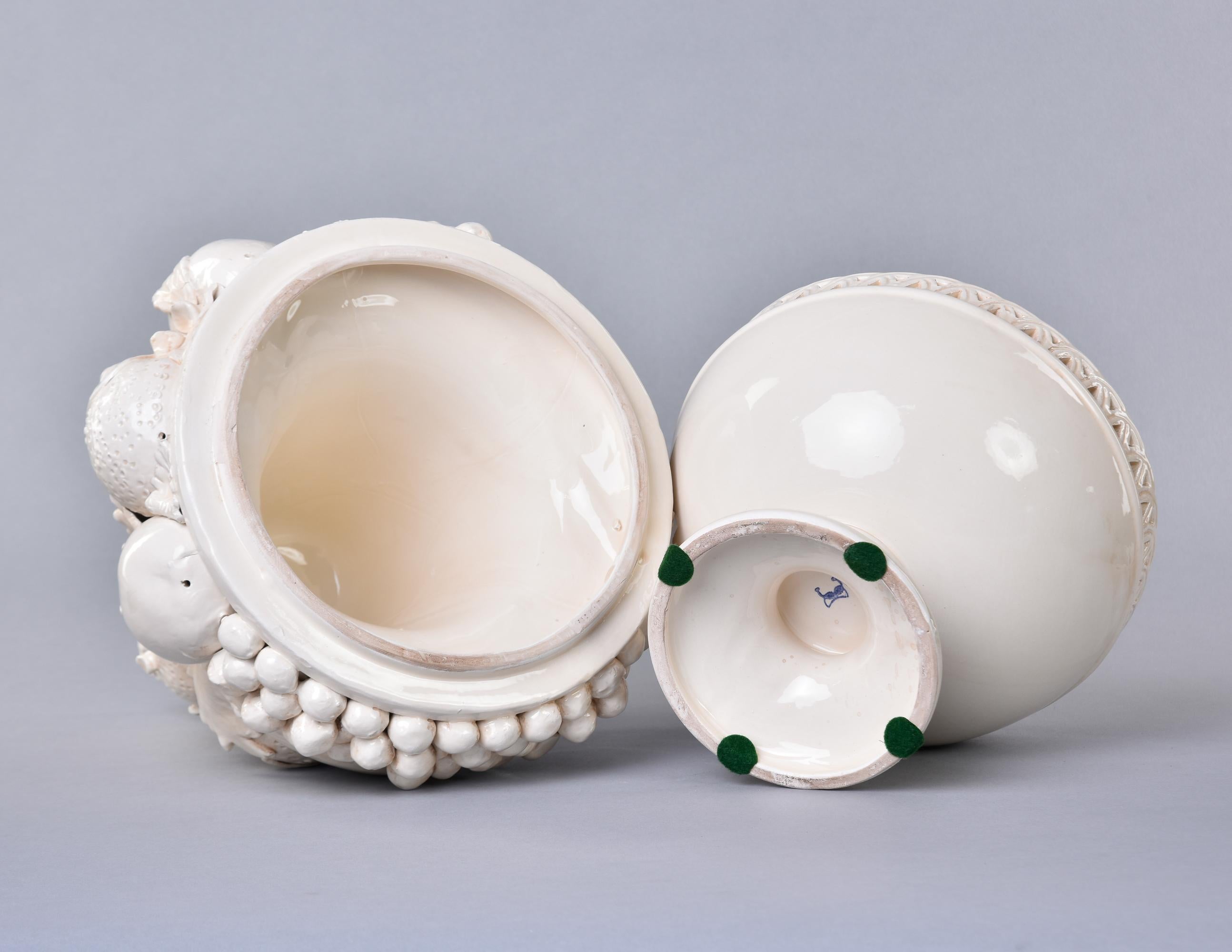 Pair Large New Italian Lidded White Ceramic Fruit Garniture Bowls 7