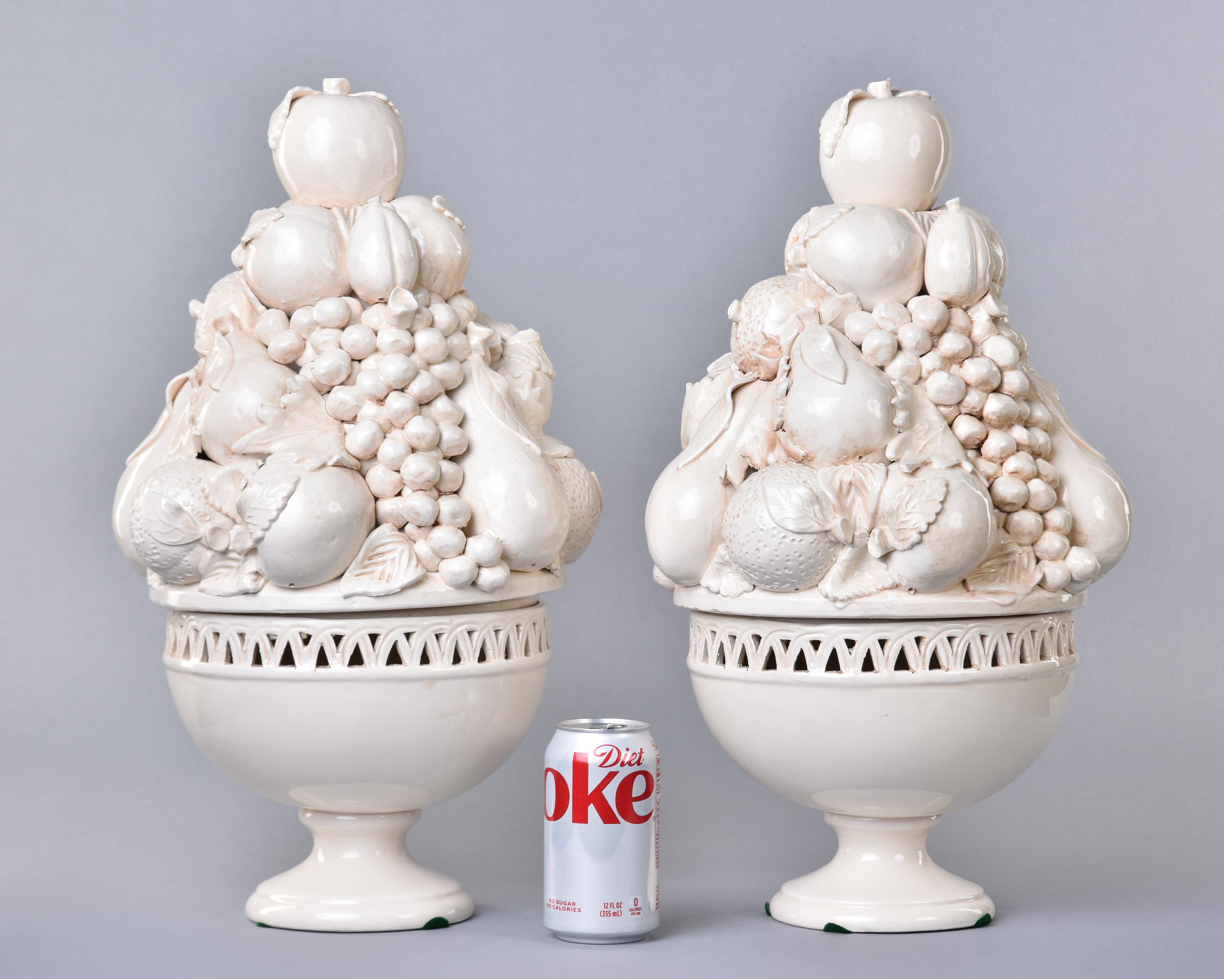 Pair Large New Italian Lidded White Ceramic Fruit Garniture Bowls In New Condition In Troy, MI