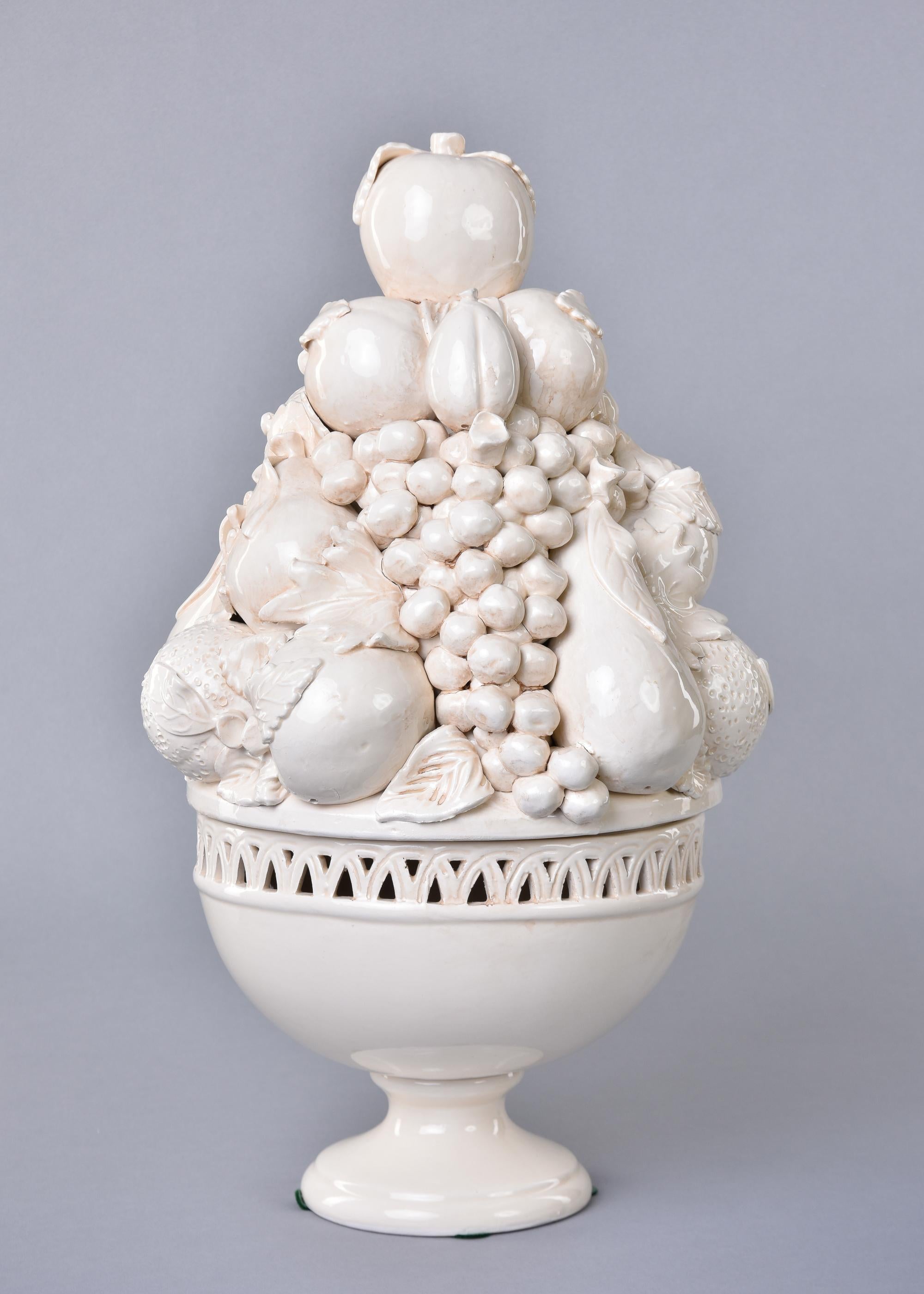 Contemporary Pair Large New Italian Lidded White Ceramic Fruit Garniture Bowls