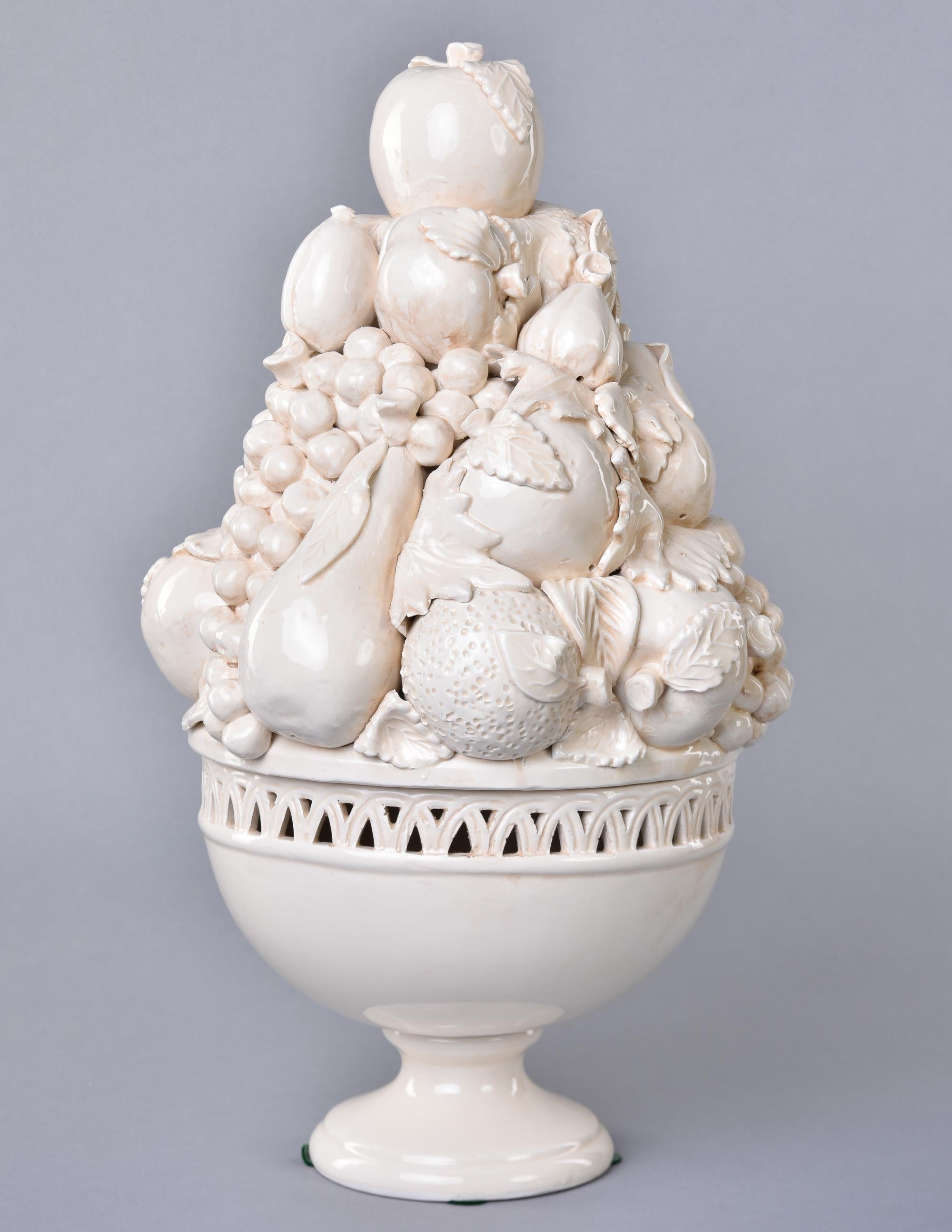 Pair Large New Italian Lidded White Ceramic Fruit Garniture Bowls 1