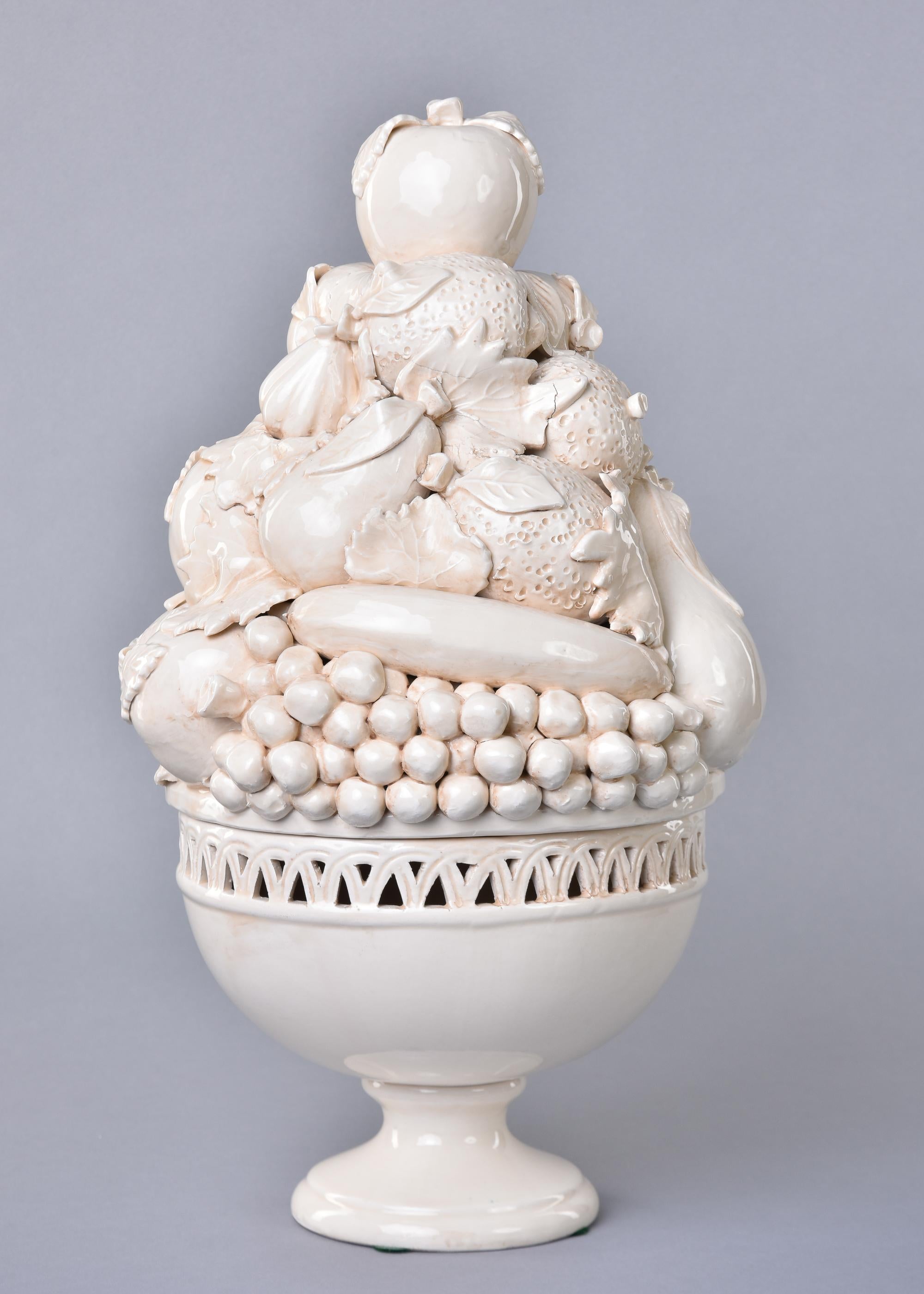 Pair Large New Italian Lidded White Ceramic Fruit Garniture Bowls 2