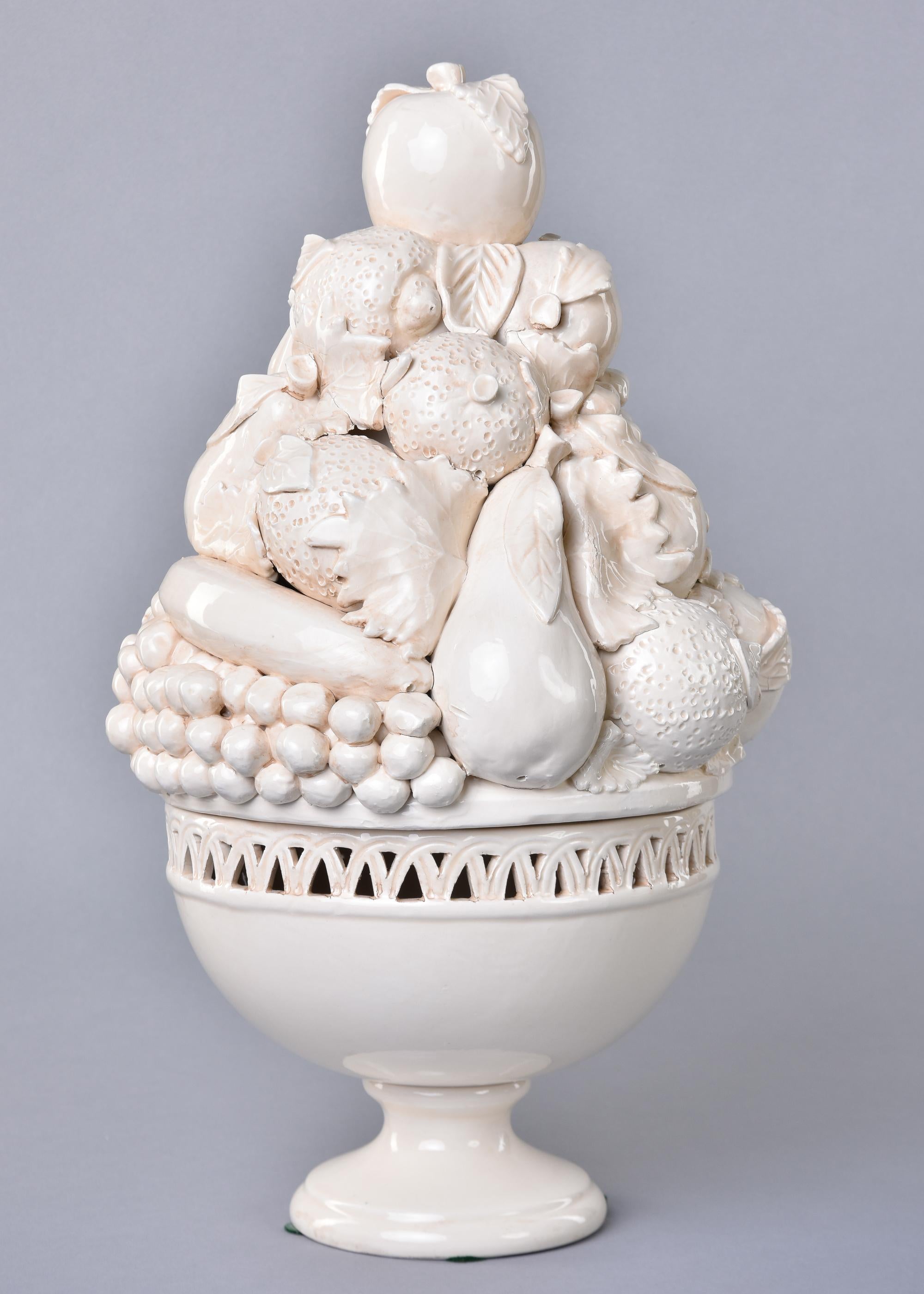 Pair Large New Italian Lidded White Ceramic Fruit Garniture Bowls 3