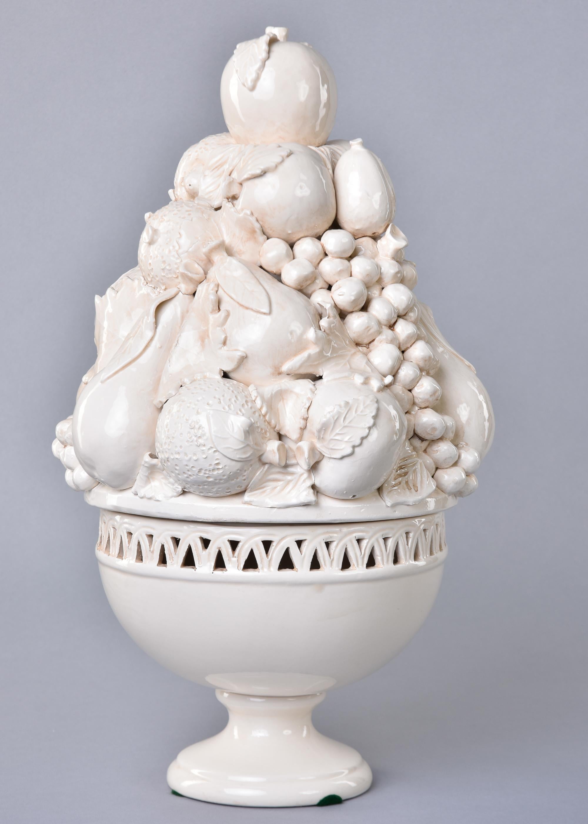 Pair Large New Italian Lidded White Ceramic Fruit Garniture Bowls 4
