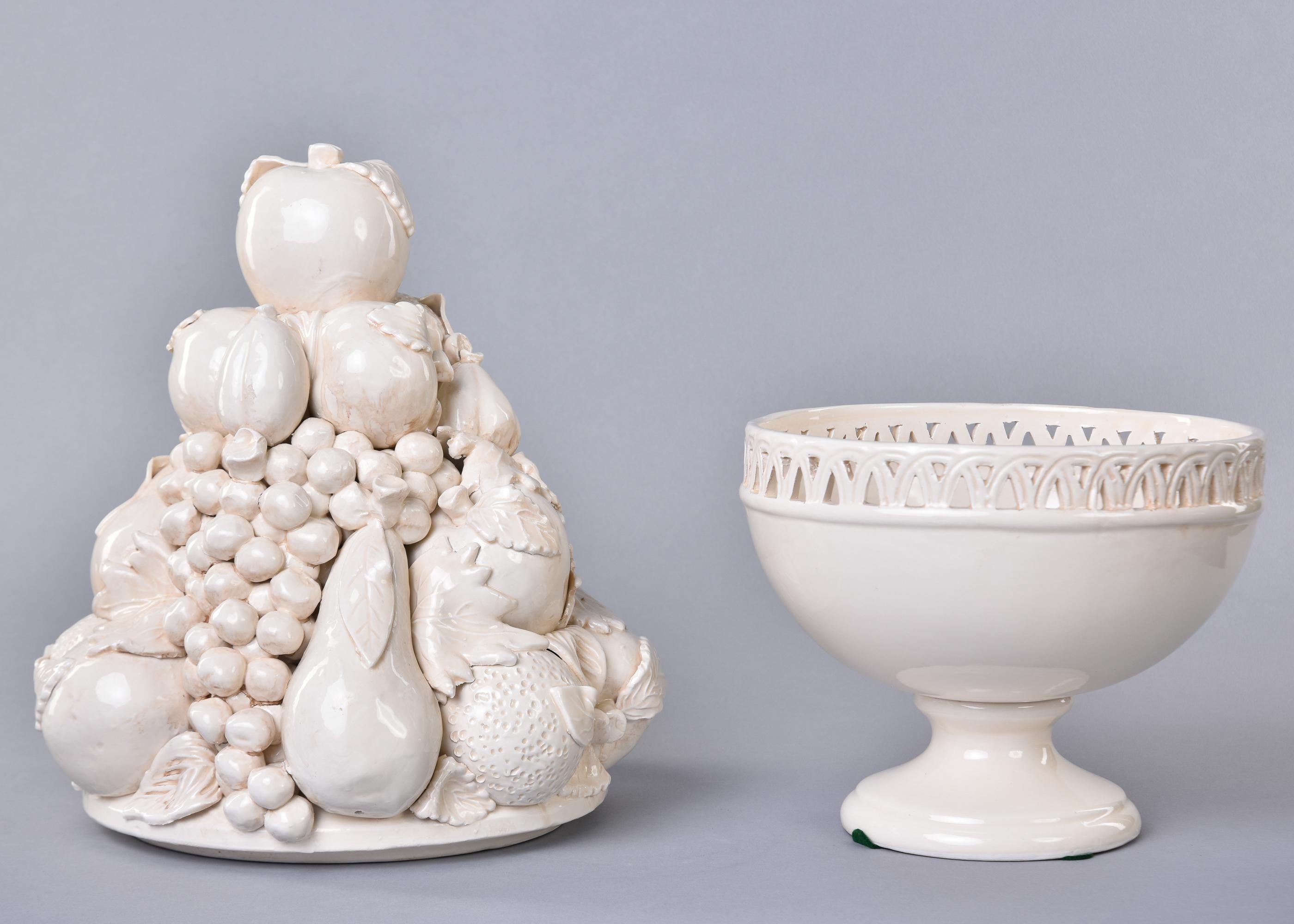 Pair Large New Italian Lidded White Ceramic Fruit Garniture Bowls 5