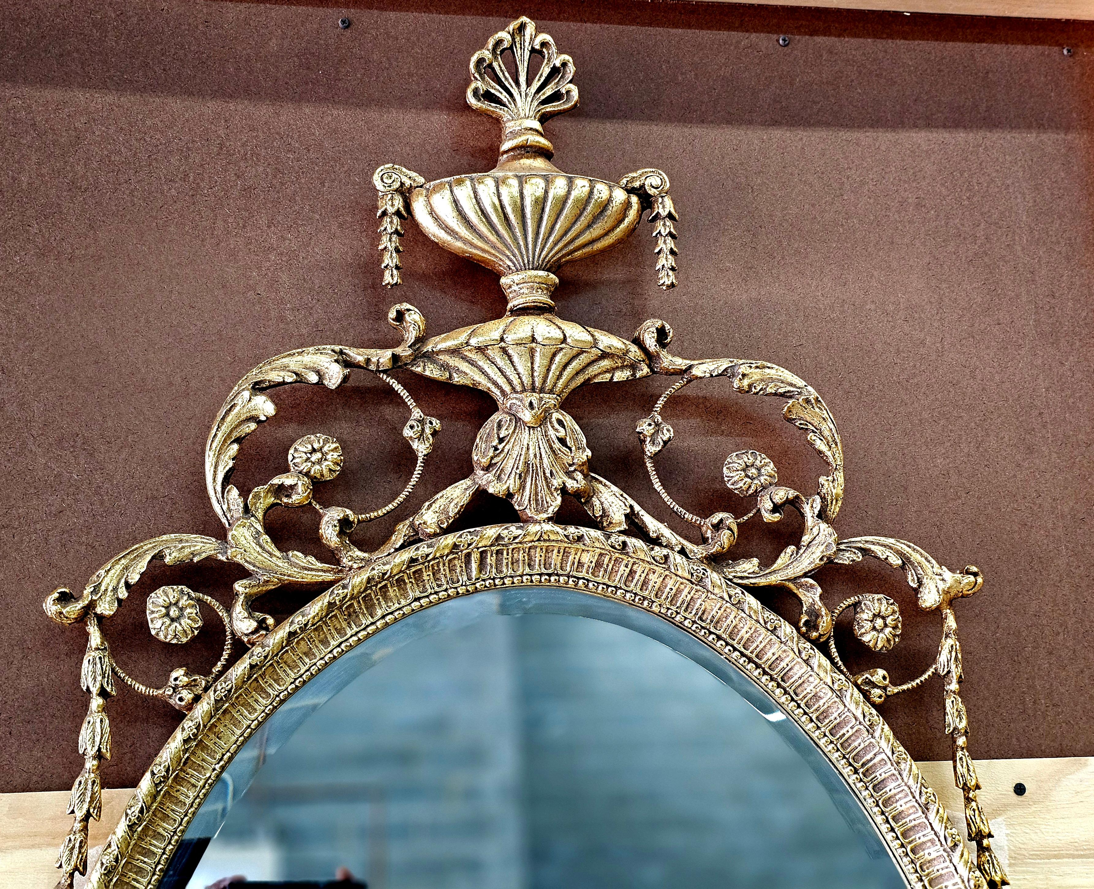 Regency Pair Large Oval Robert Adam Style Gilt Wood Foliate Wall Mirrors For Sale
