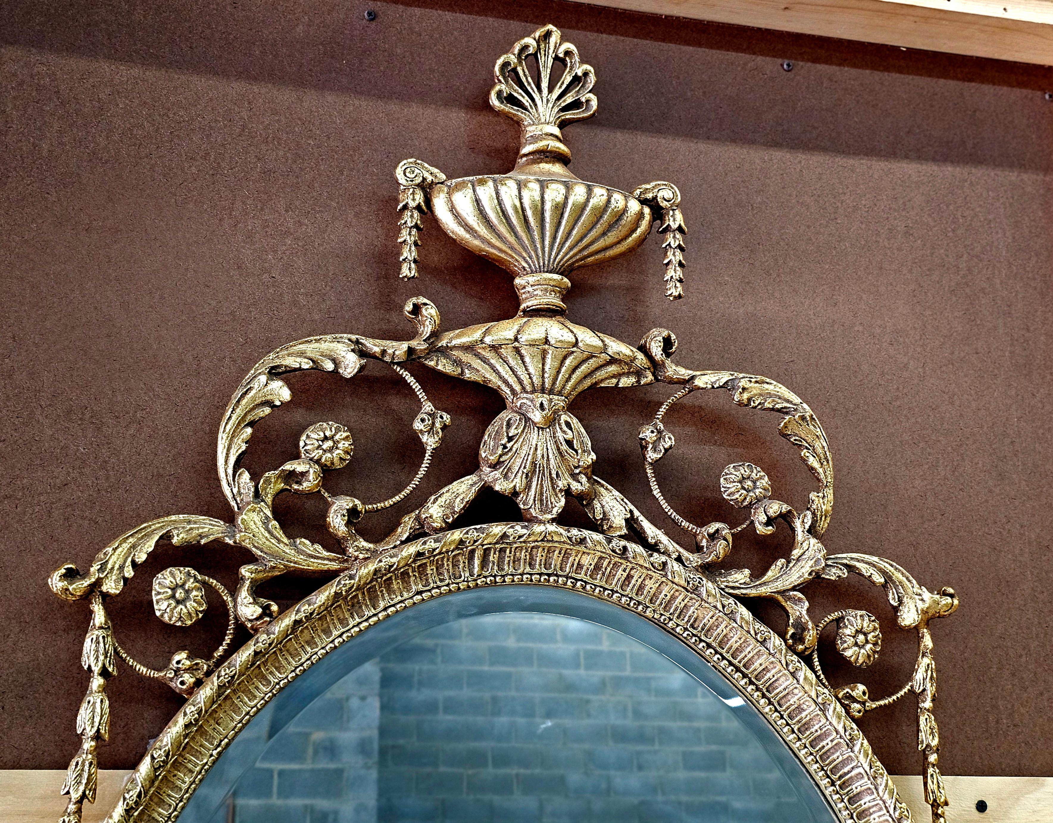 American Pair Large Oval Robert Adam Style Gilt Wood Foliate Wall Mirrors For Sale