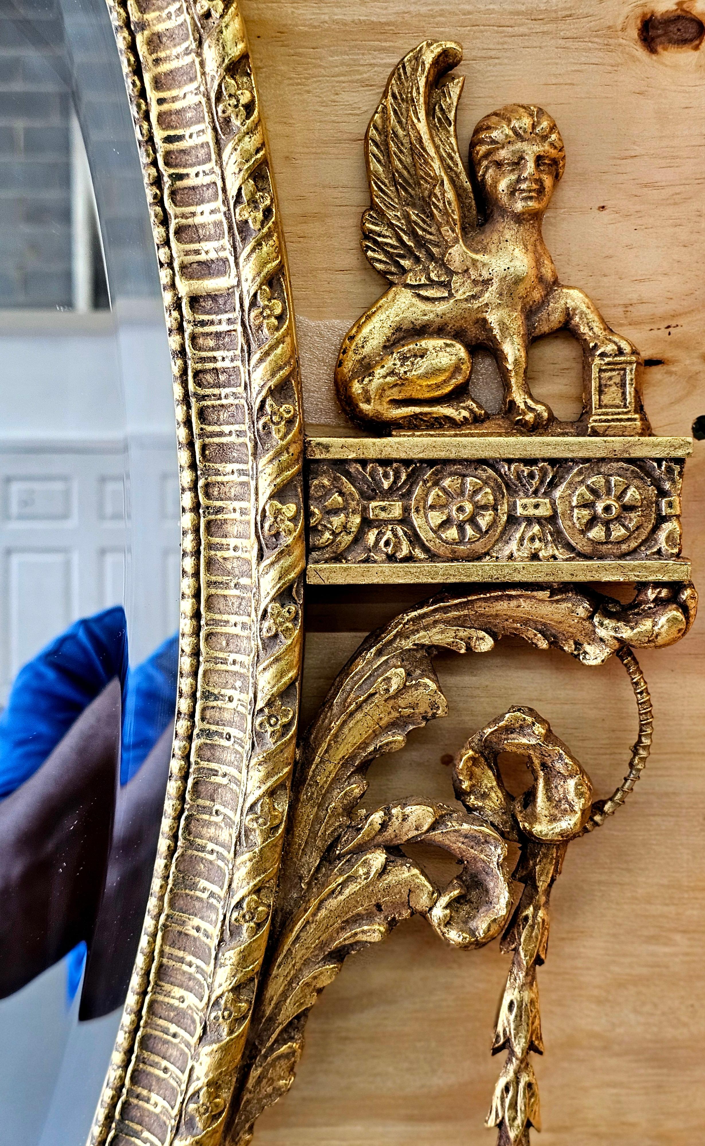 20th Century Pair Large Oval Robert Adam Style Gilt Wood Foliate Wall Mirrors For Sale