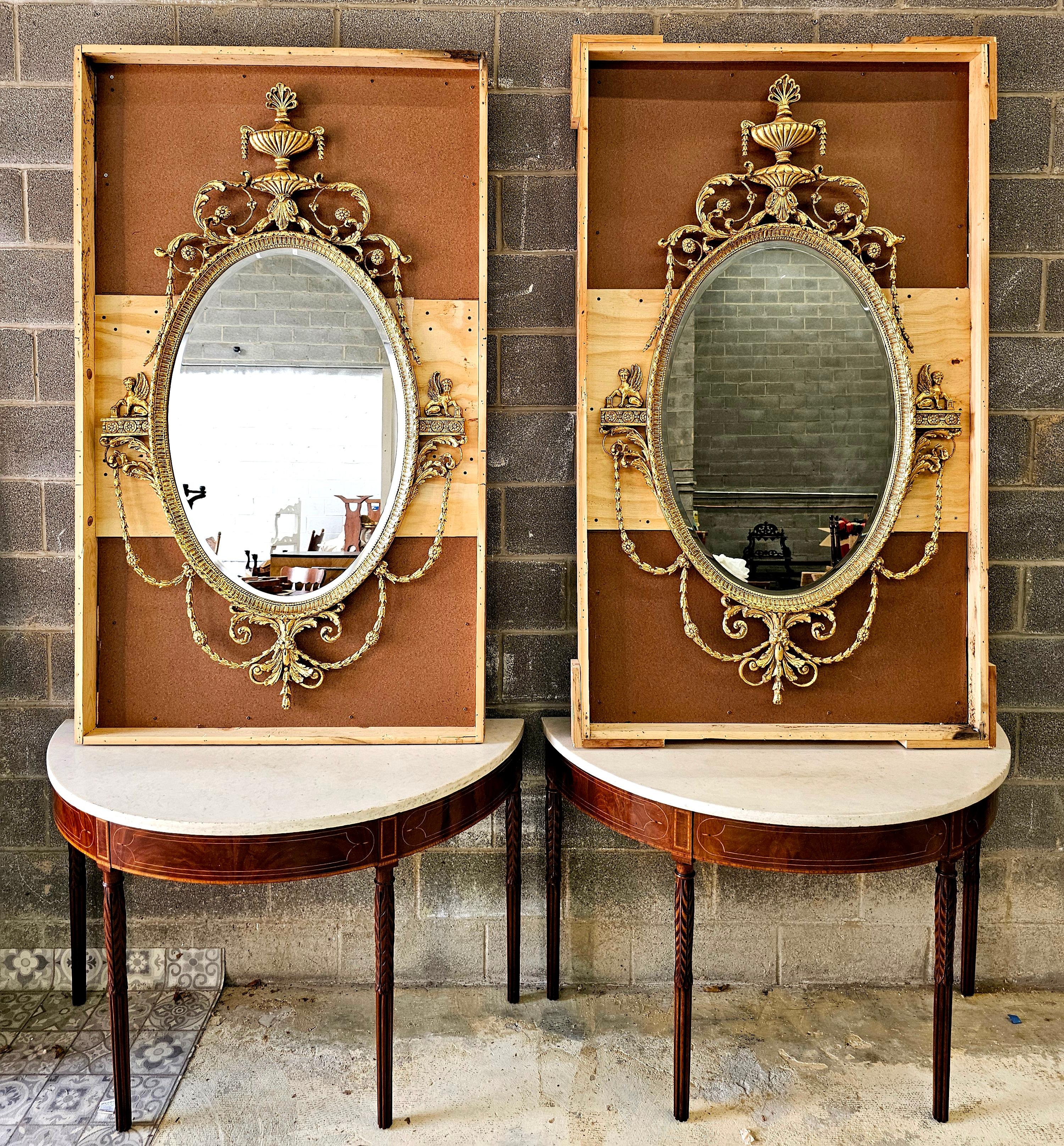 Pair Large Oval Robert Adam Style Gilt Wood Foliate Wall Mirrors For Sale 2