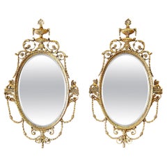 Pair Large Oval Robert Adam Style Gilt Wood Foliate Wall Mirrors