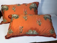 Pair Large Palm Beach Tropical Palm Trees Ochre Pillows w Fringes