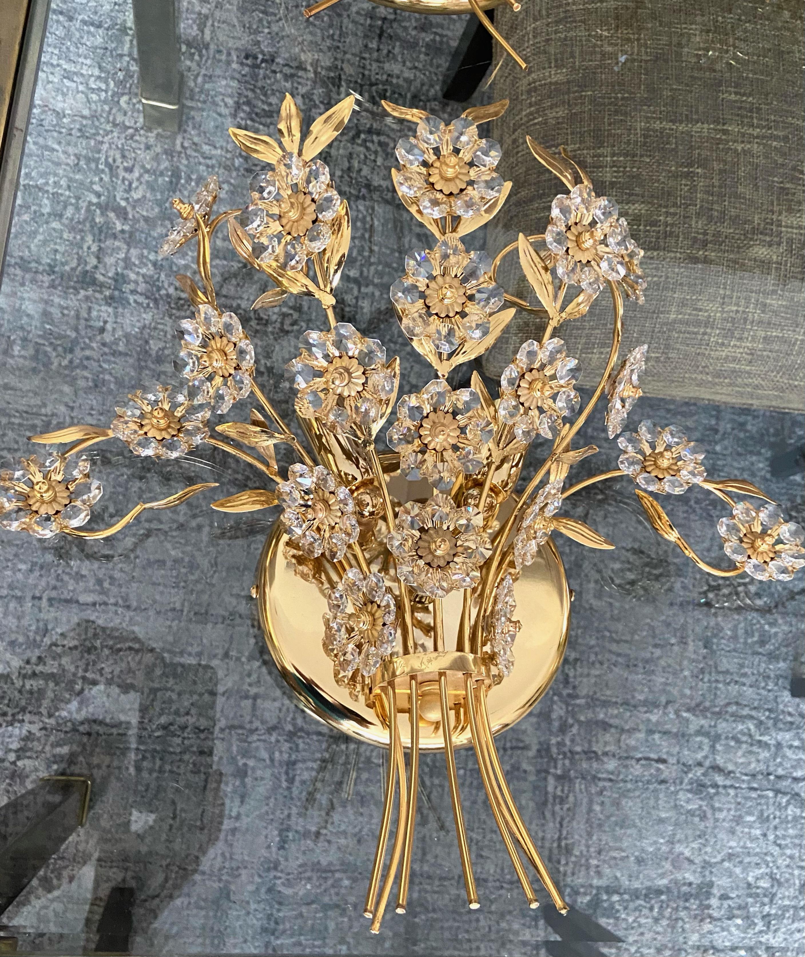 Pair of Large Palwa Crystal and Gold Floral Flower Wall Sconces For Sale 4