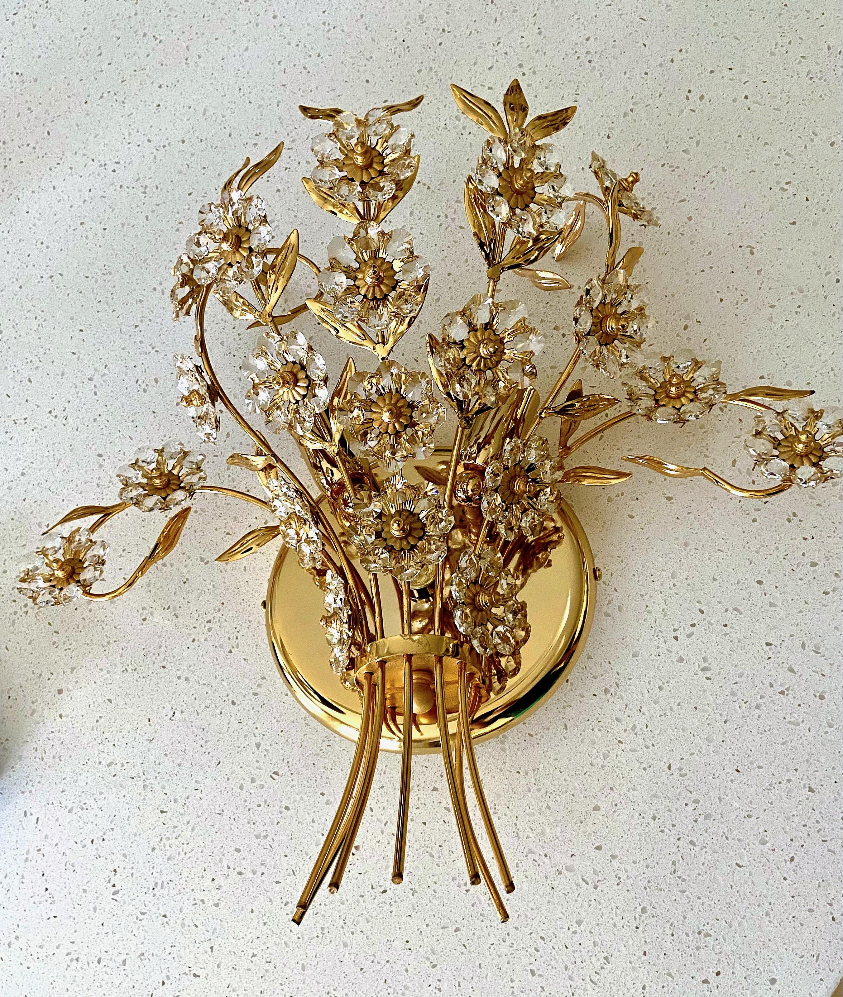 Pair of Large Palwa Crystal and Gold Floral Flower Wall Sconces For Sale 5