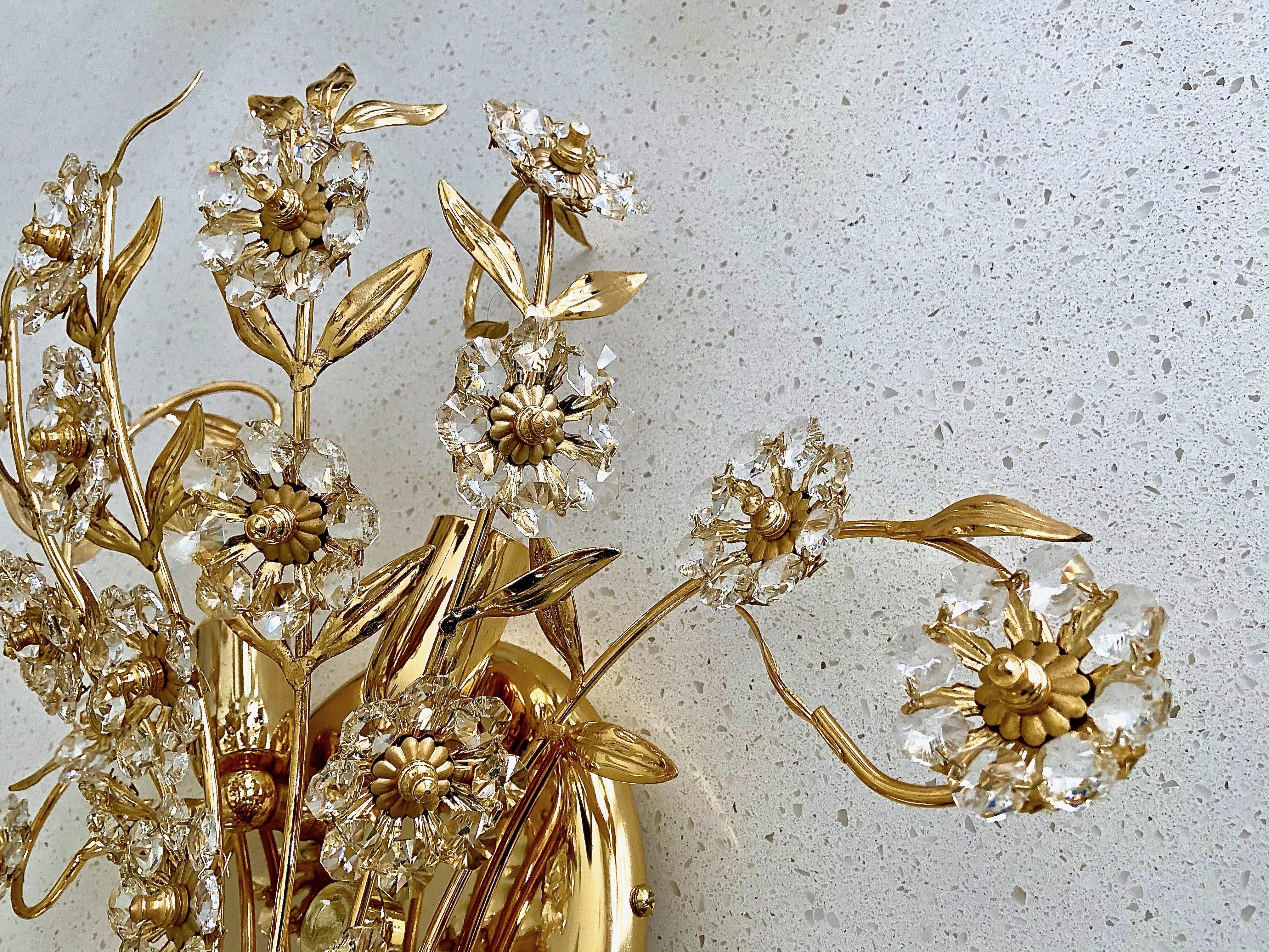 Pair of Large Palwa Crystal and Gold Floral Flower Wall Sconces For Sale 6