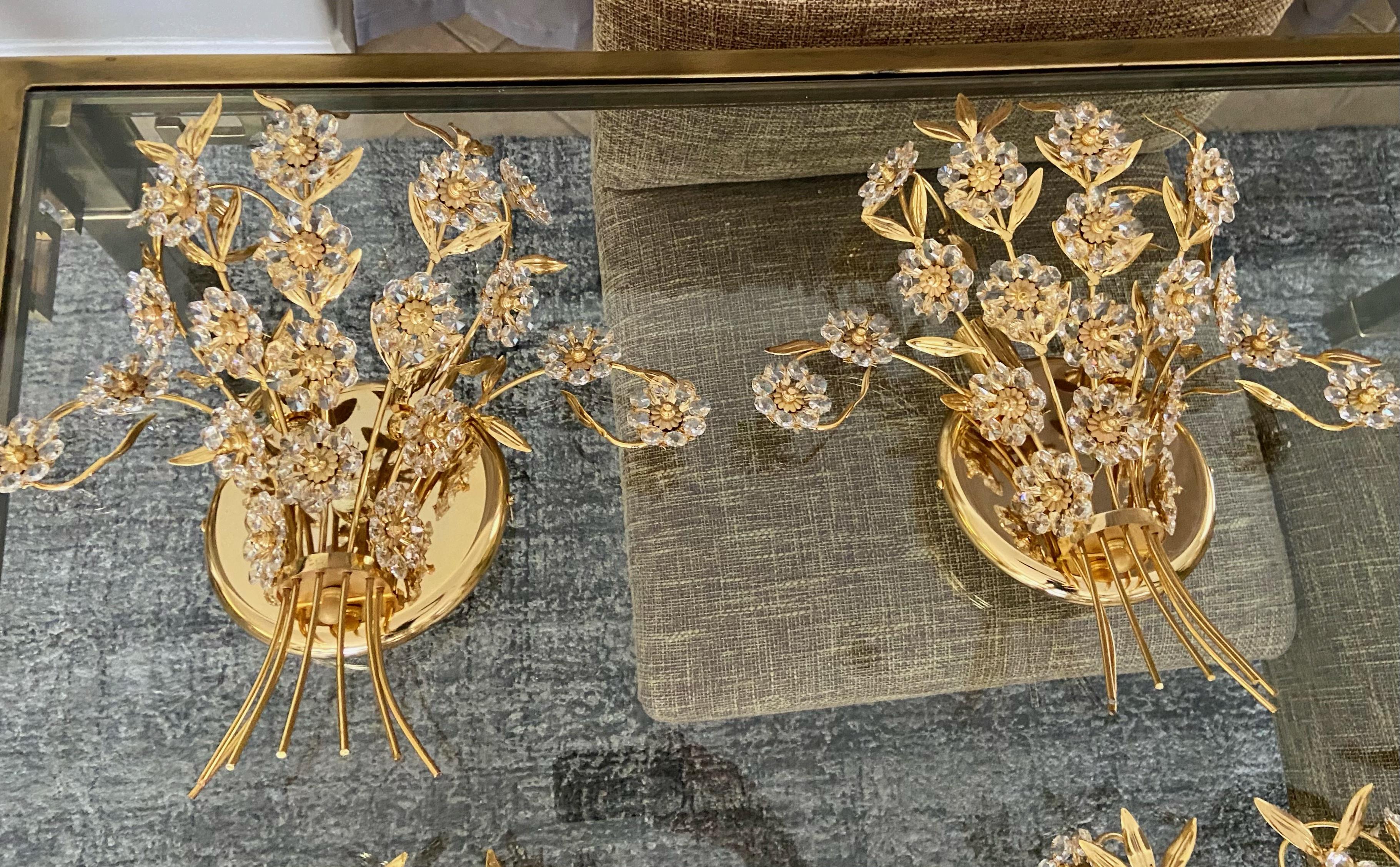 Pair of Large Palwa Crystal and Gold Floral Flower Wall Sconces For Sale 12