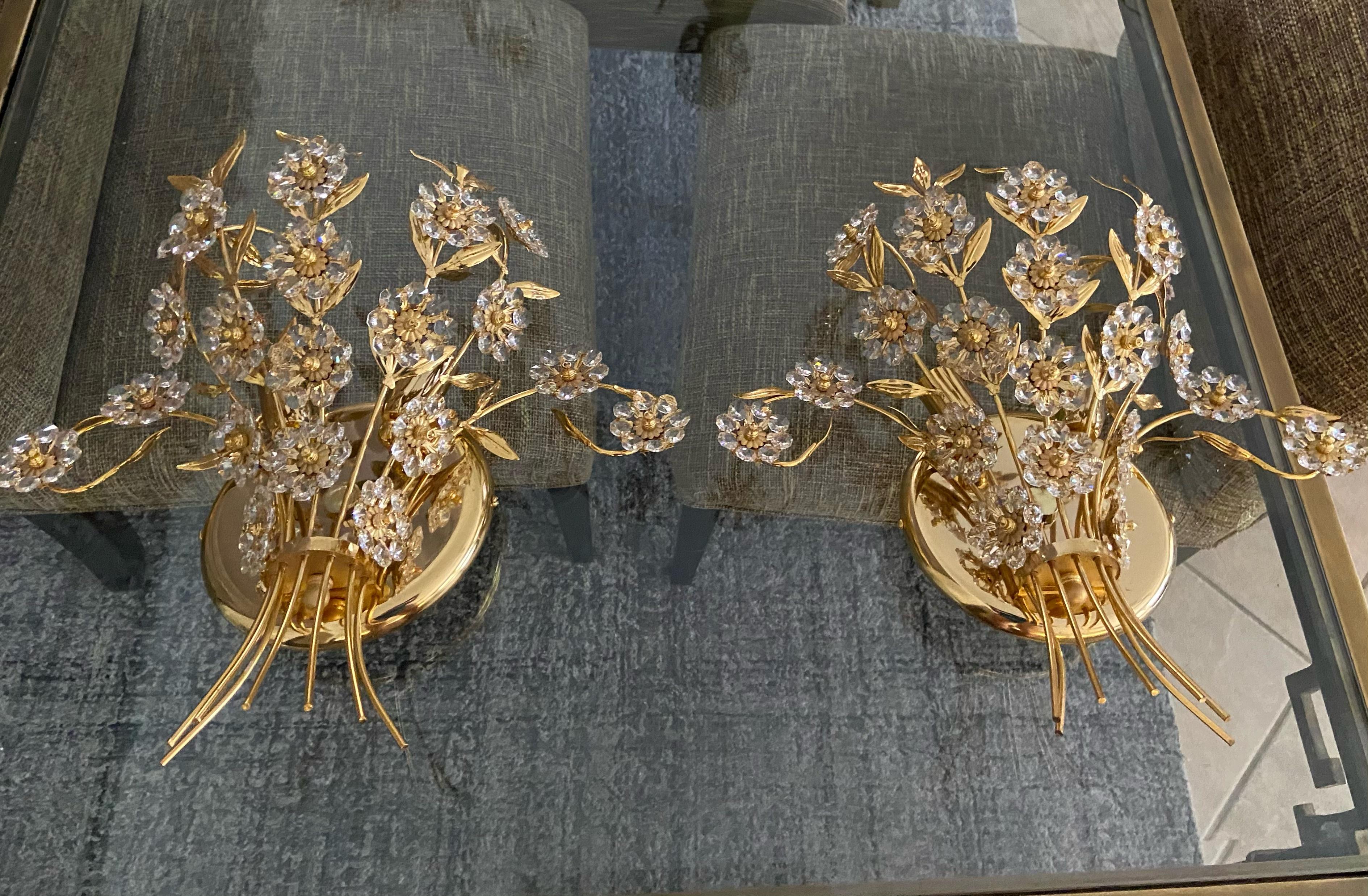 Pair of Large Palwa Crystal and Gold Floral Flower Wall Sconces For Sale 13