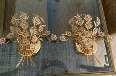 Pair of Large Palwa Crystal and Gold Floral Flower Wall Sconces