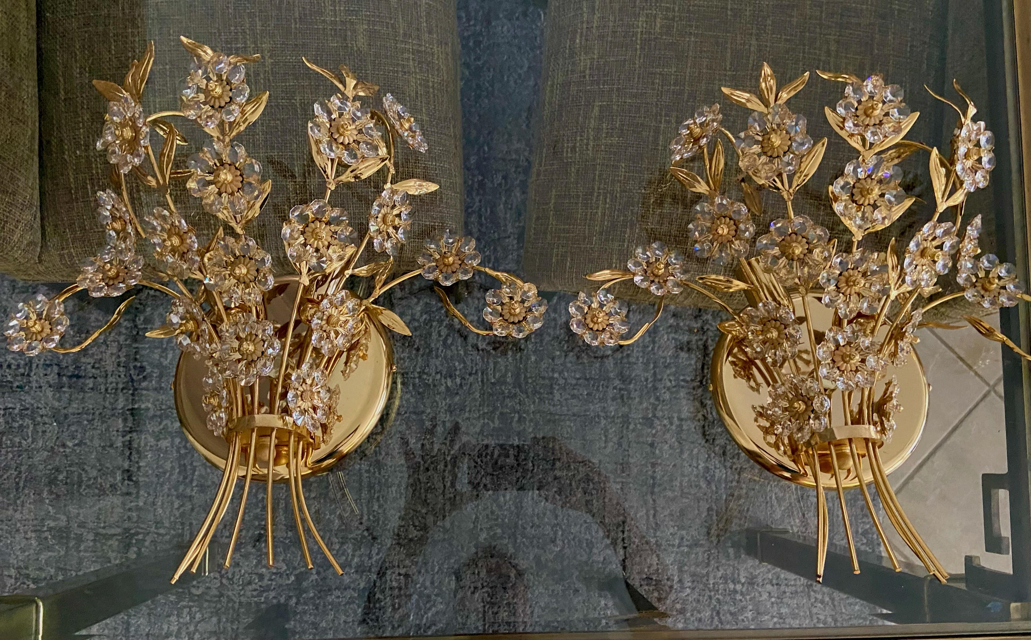 Late 20th Century Pair of Large Palwa Crystal and Gold Floral Flower Wall Sconces For Sale