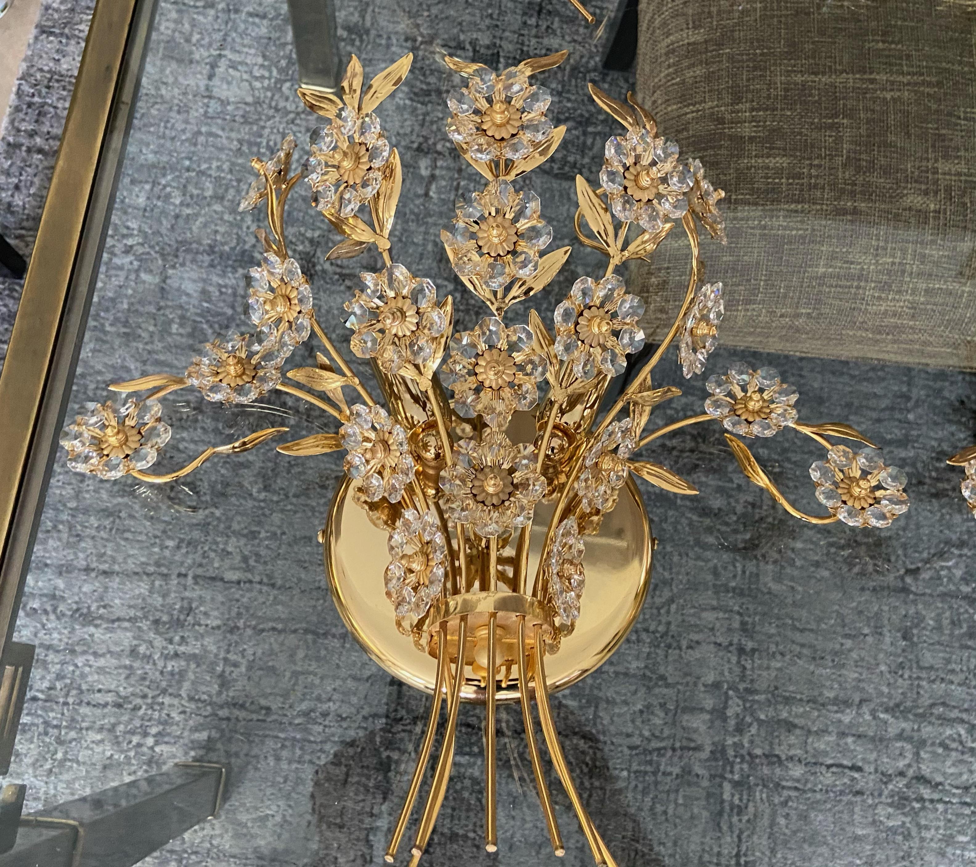 Late 20th Century Pair of Large Palwa Crystal and Gold Floral Flower Wall Sconces For Sale