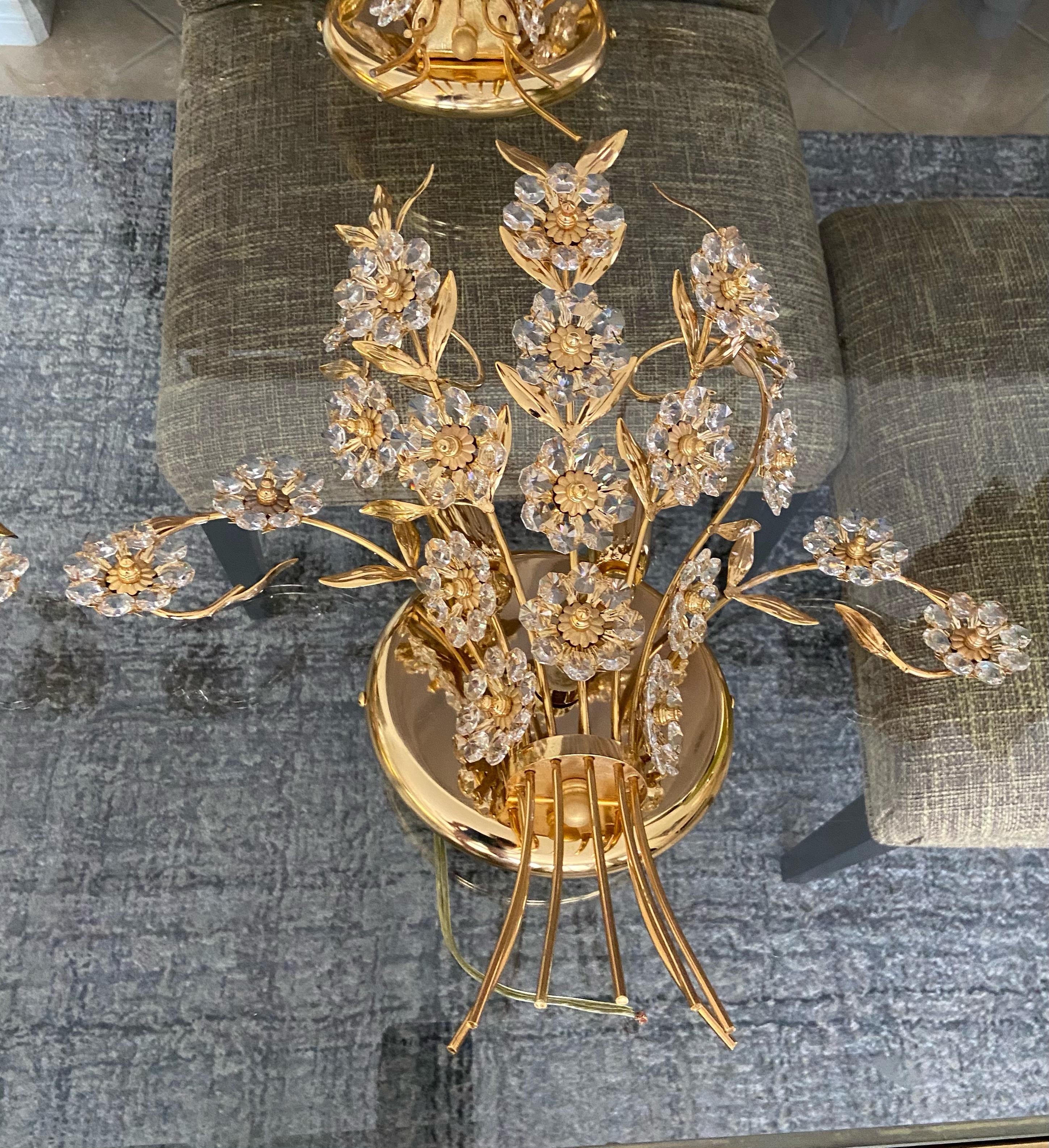 Metal Pair of Large Palwa Crystal and Gold Floral Flower Wall Sconces