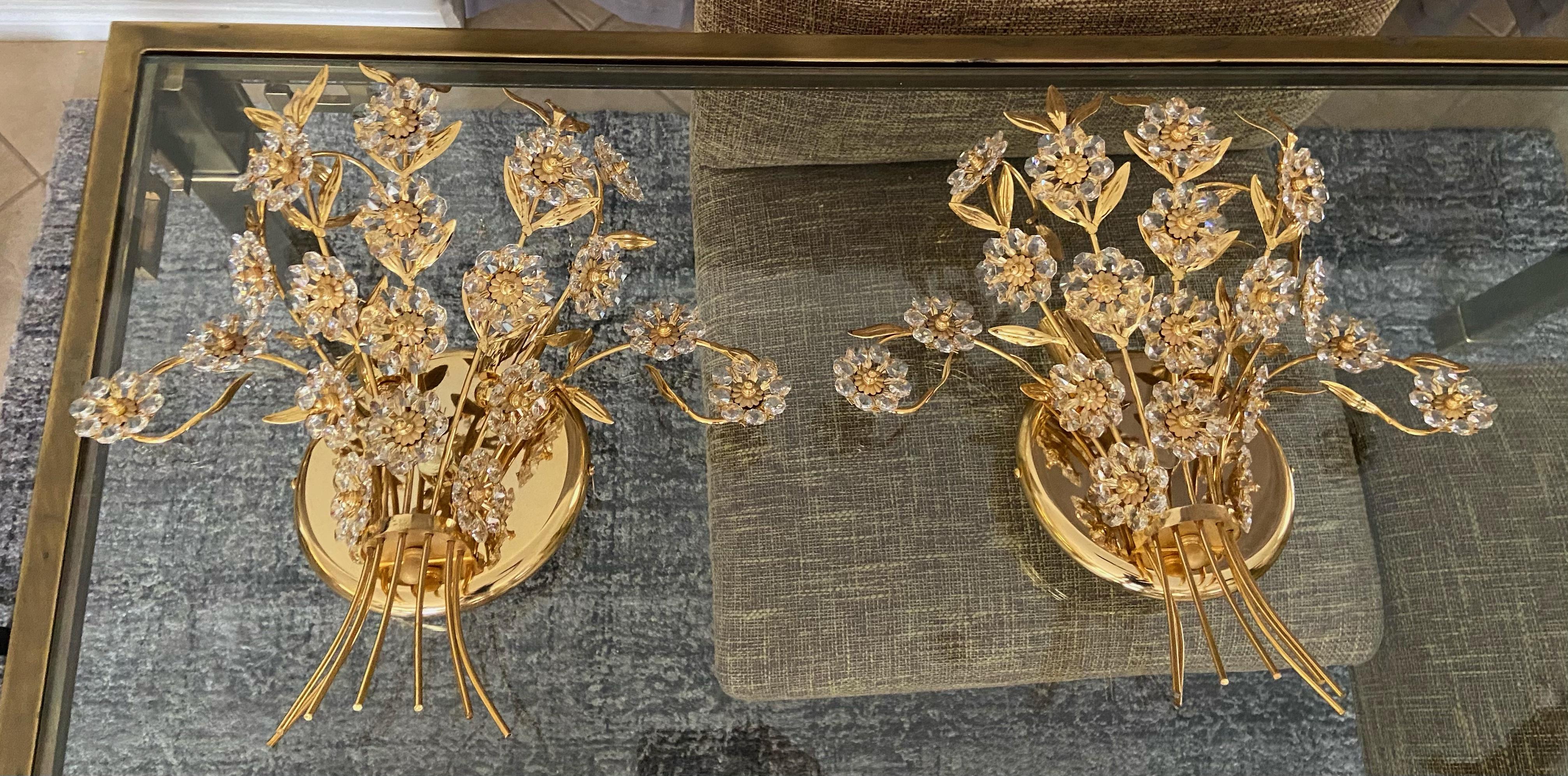 Pair of Large Palwa Crystal and Gold Floral Flower Wall Sconces For Sale 2