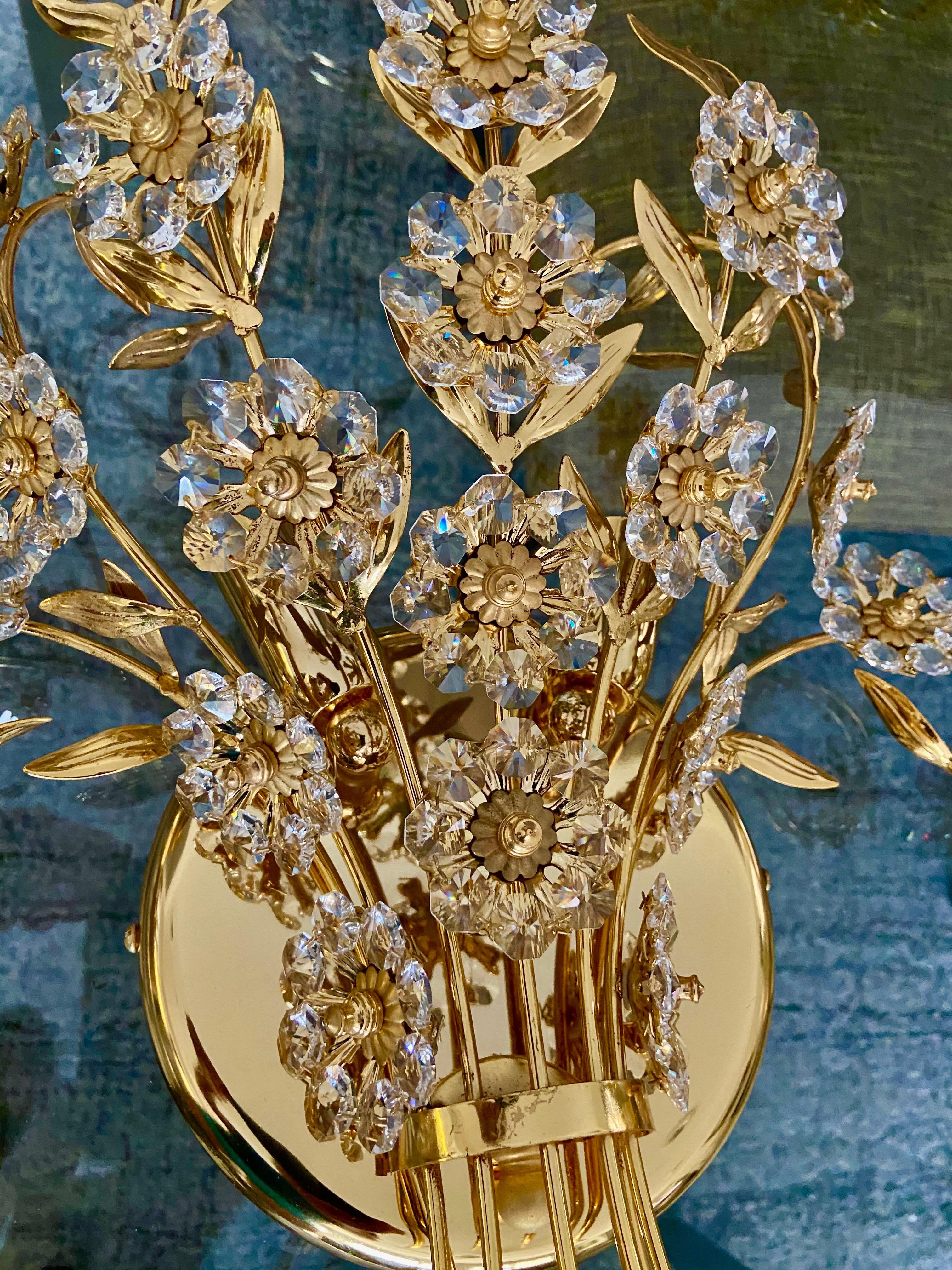 Pair of Large Palwa Crystal and Gold Floral Flower Wall Sconces For Sale 2