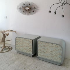 Pair large postmodern lacquered American bedside cabinets / nightstands, 1980s