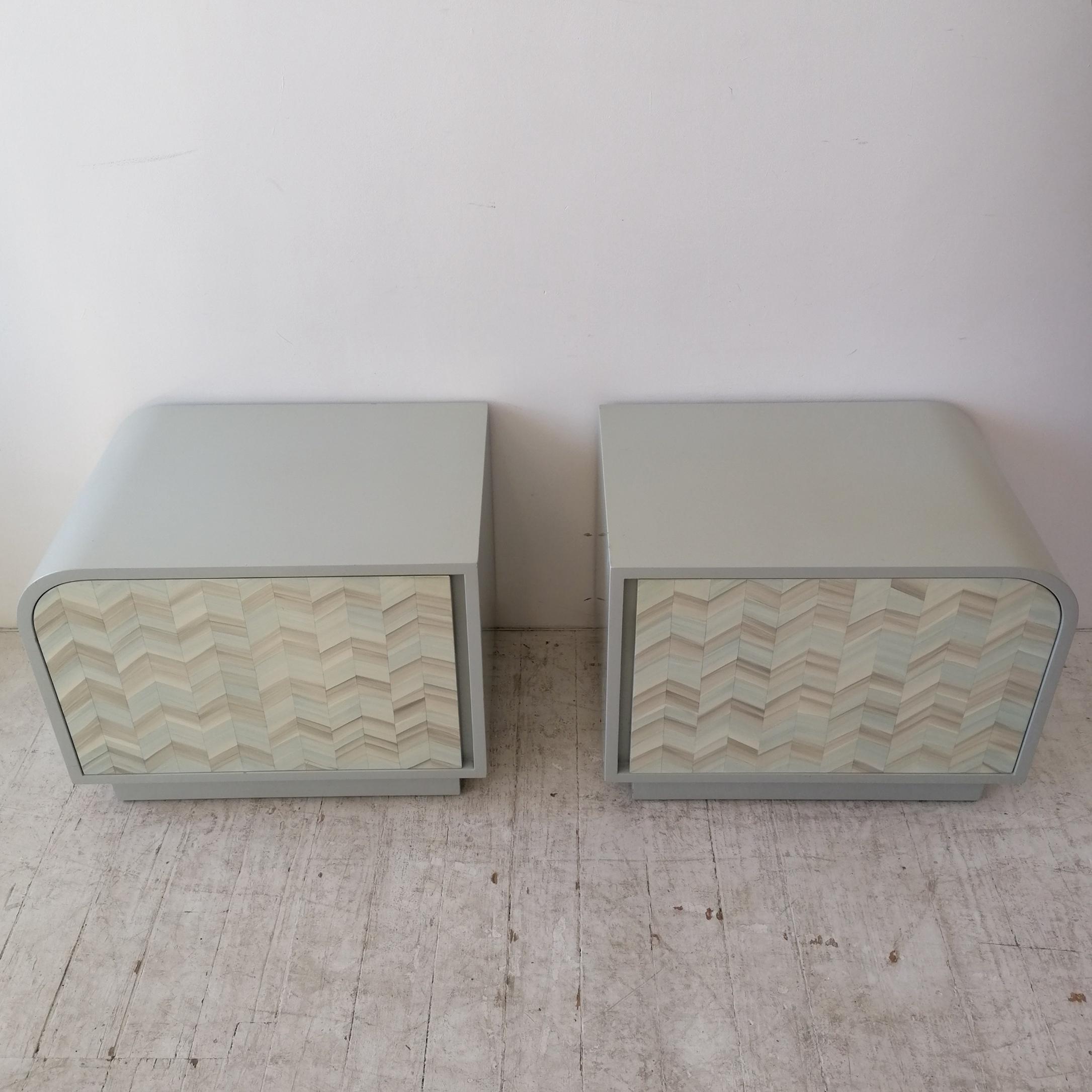 Wood Pair large postmodern lacquered American bedside cabinets / nightstands, 1980s