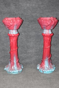 Pair Large Rare Red and Blue Figural Swimming Maiden Majolica Two Piece Planter