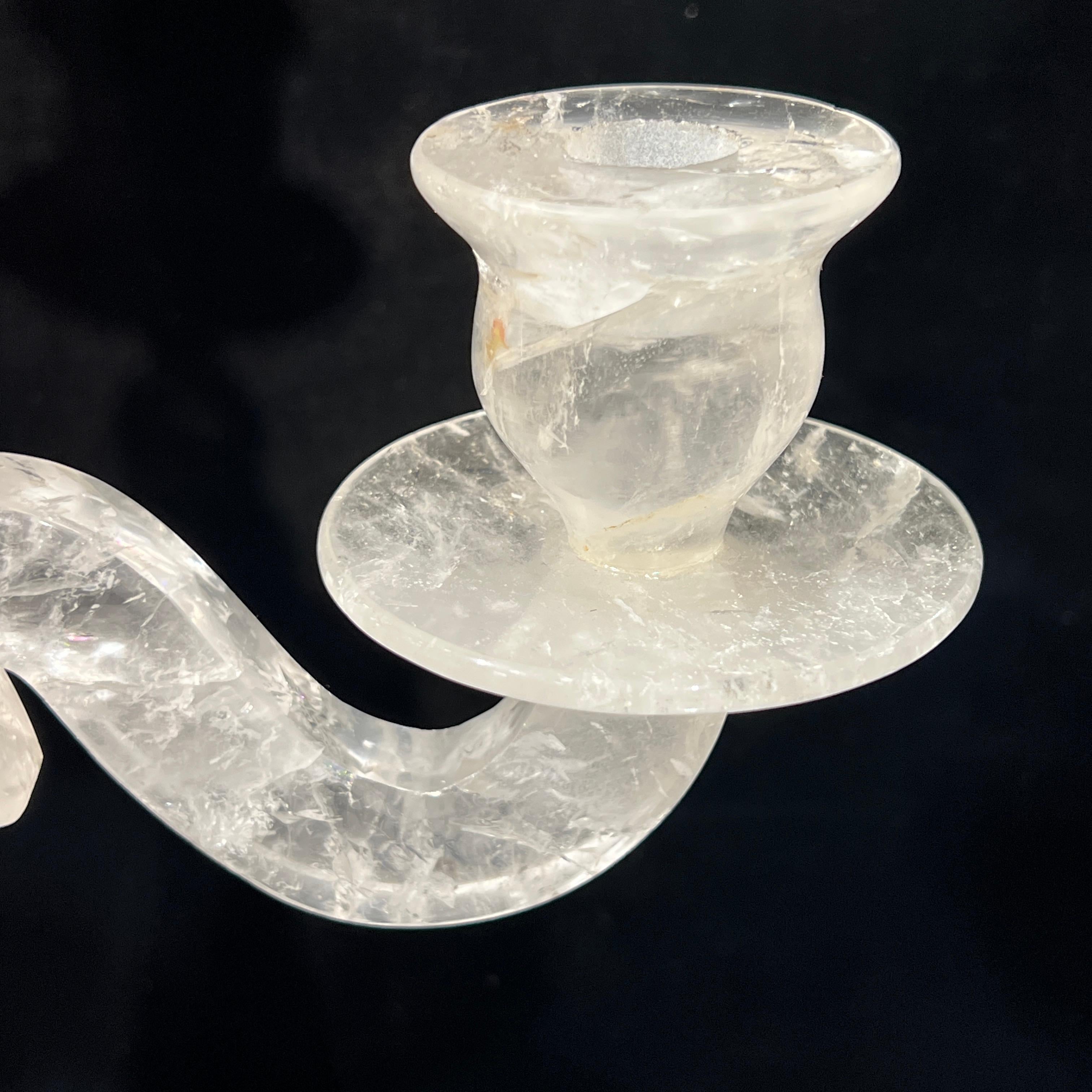 Hand-Carved Pair Large Rock Crystal Candelabra Candle Holders For Sale