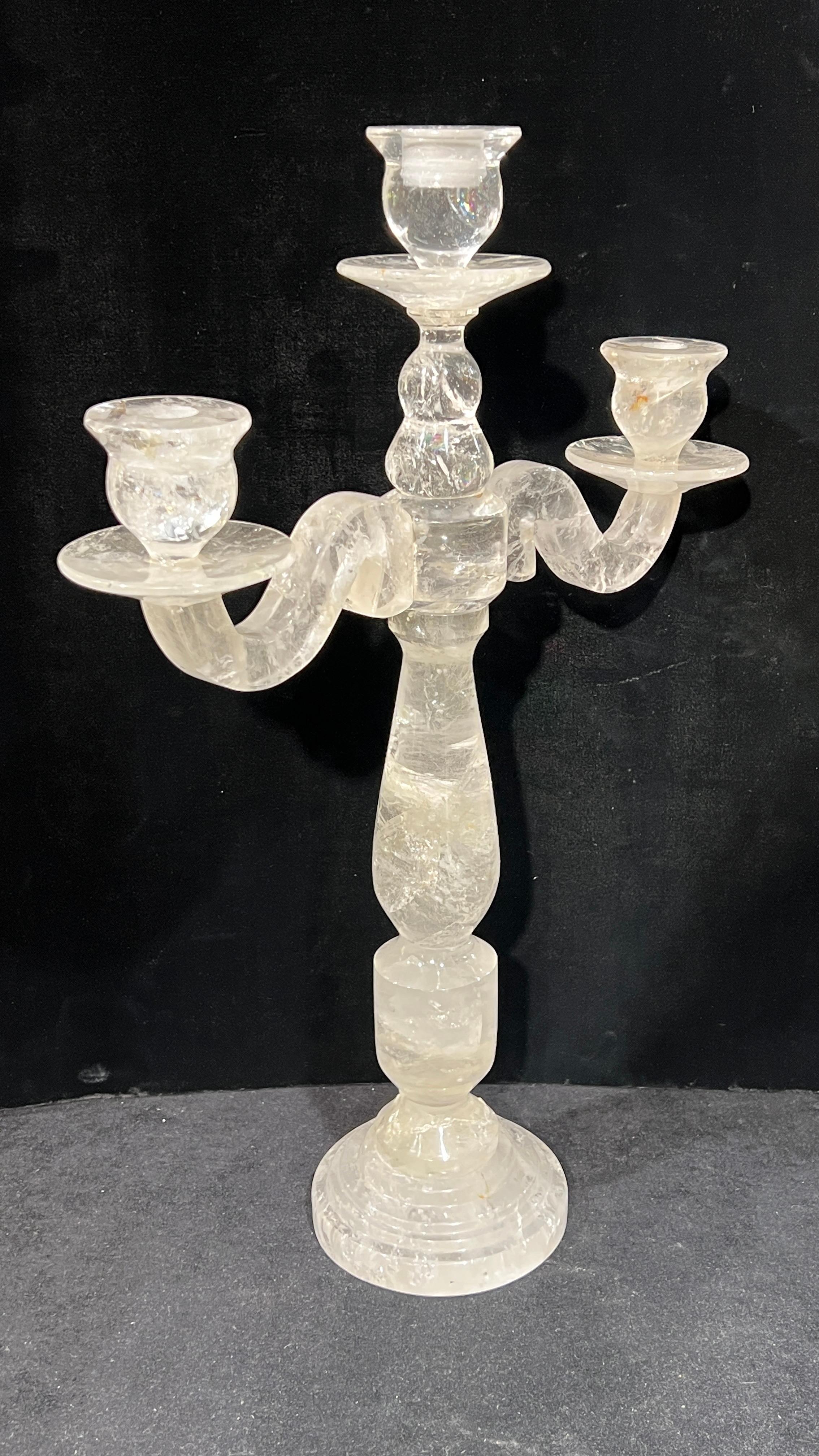 20th Century Pair Large Rock Crystal Candelabra Candle Holders For Sale