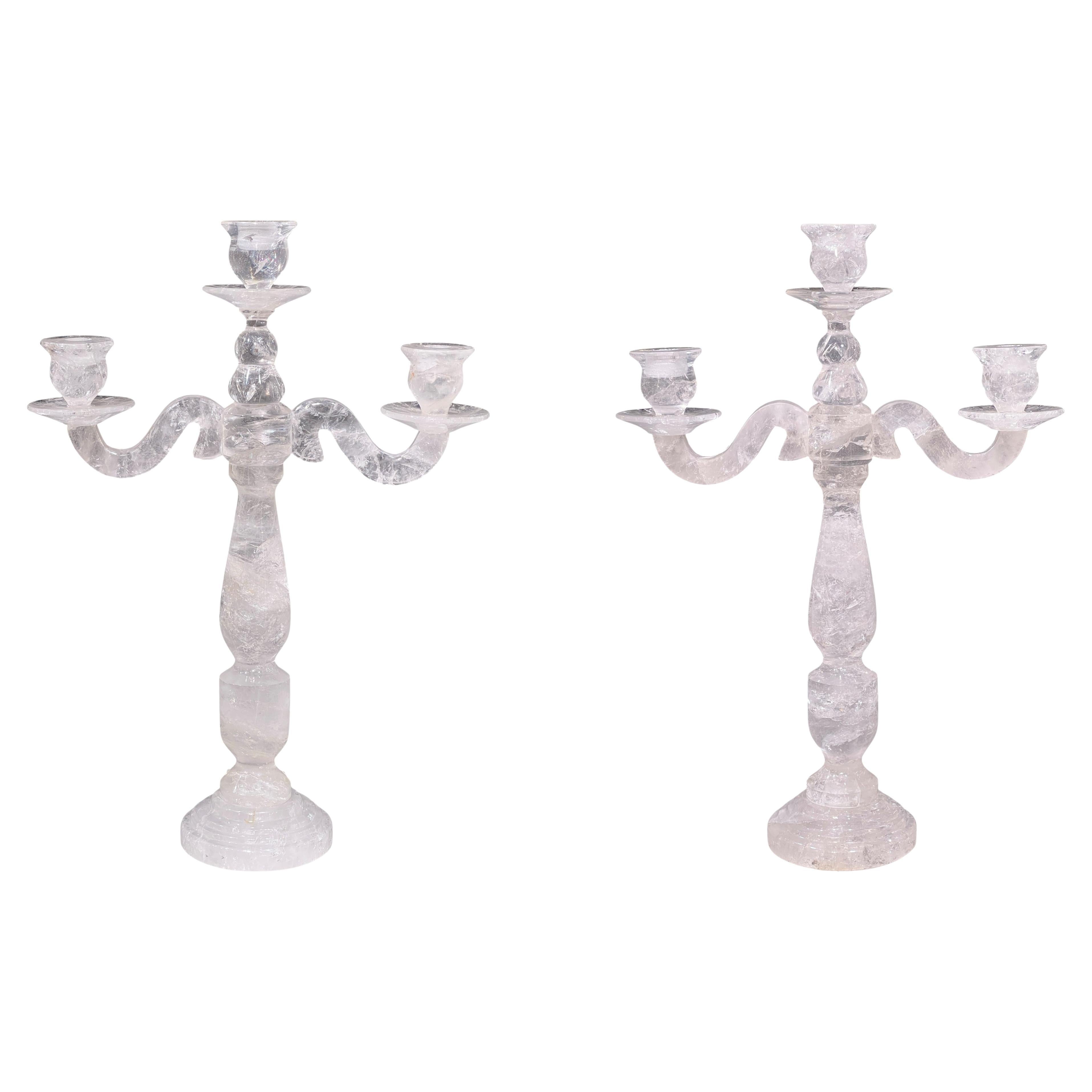 Pair Large Rock Crystal Candelabra Candle Holders For Sale
