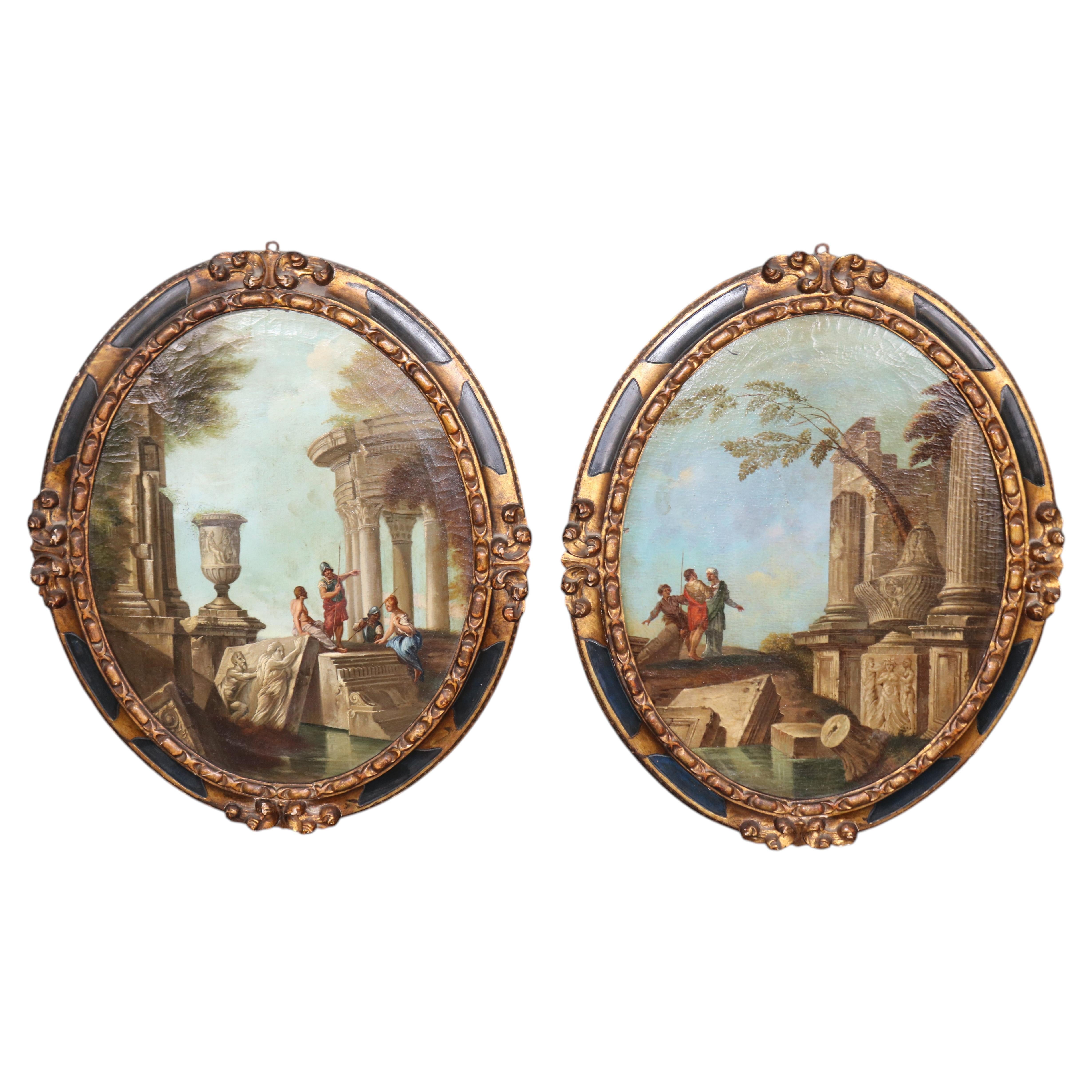 Pair Large Scale 19th c Italian Grand Tour Paintings