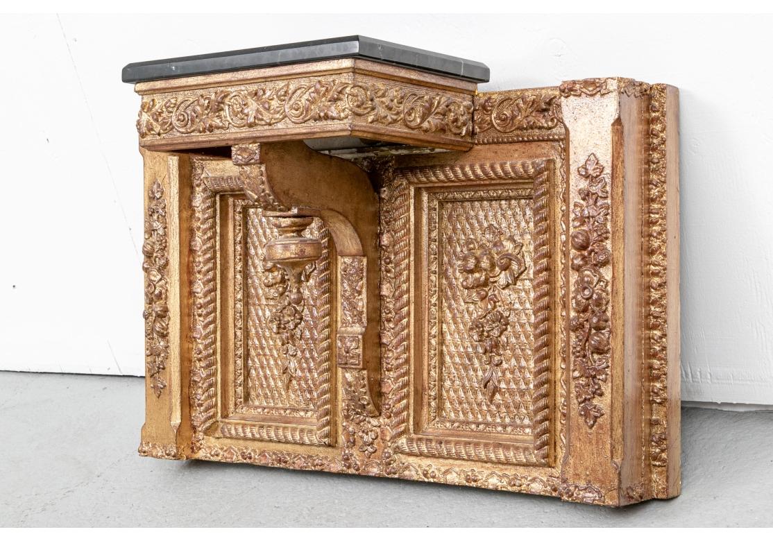 Pair Large Scale Elaborately Carved And Gilt Marble Top Brackets In Fair Condition For Sale In Bridgeport, CT
