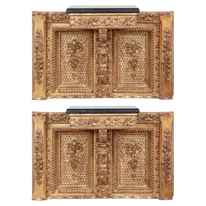 Pair Large Scale Elaborately Carved And Gilt Marble Top Brackets For Sale