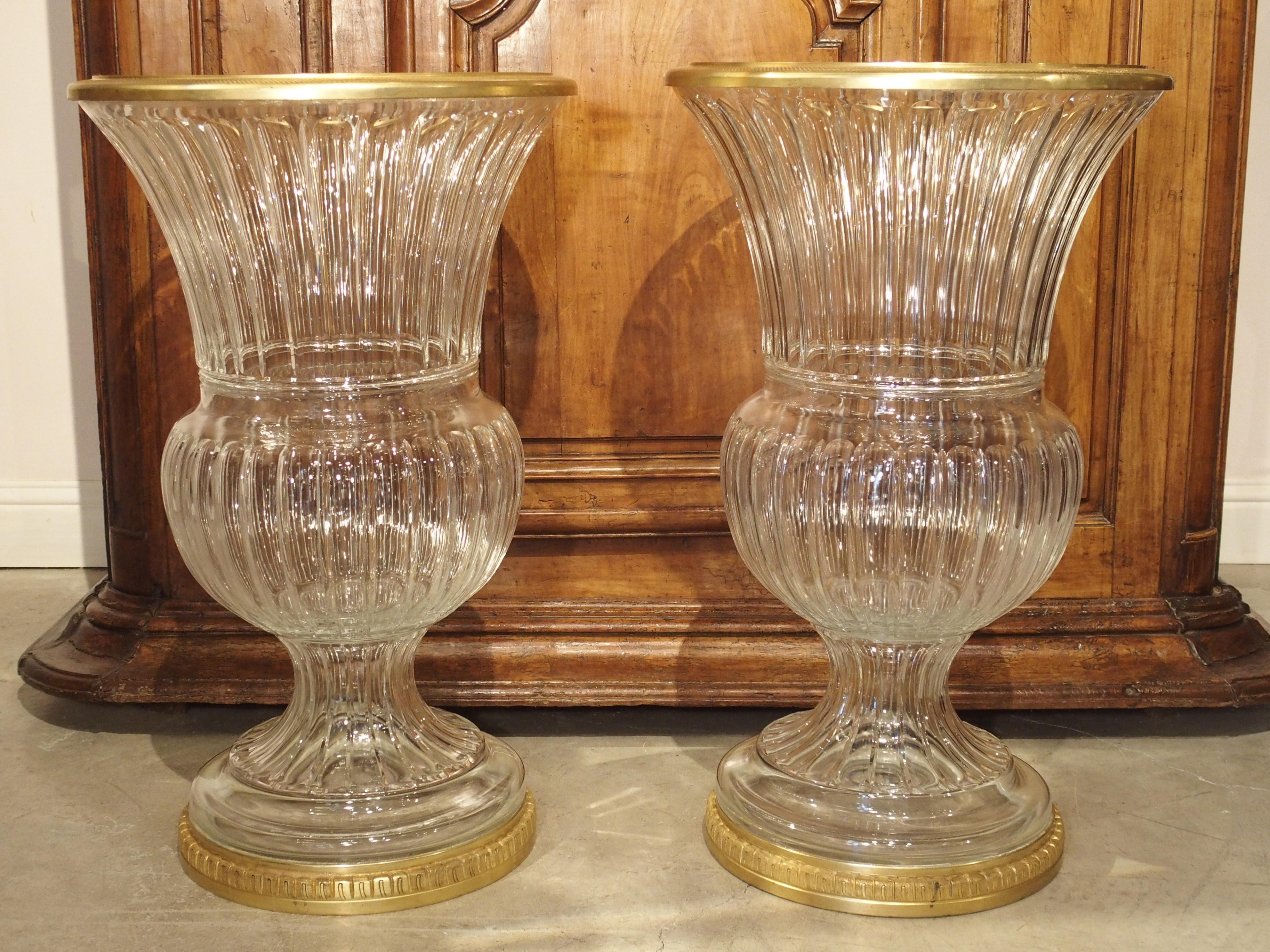 Pair of Large Scale French Cut Crystal and Gilt Bronze Vases 16