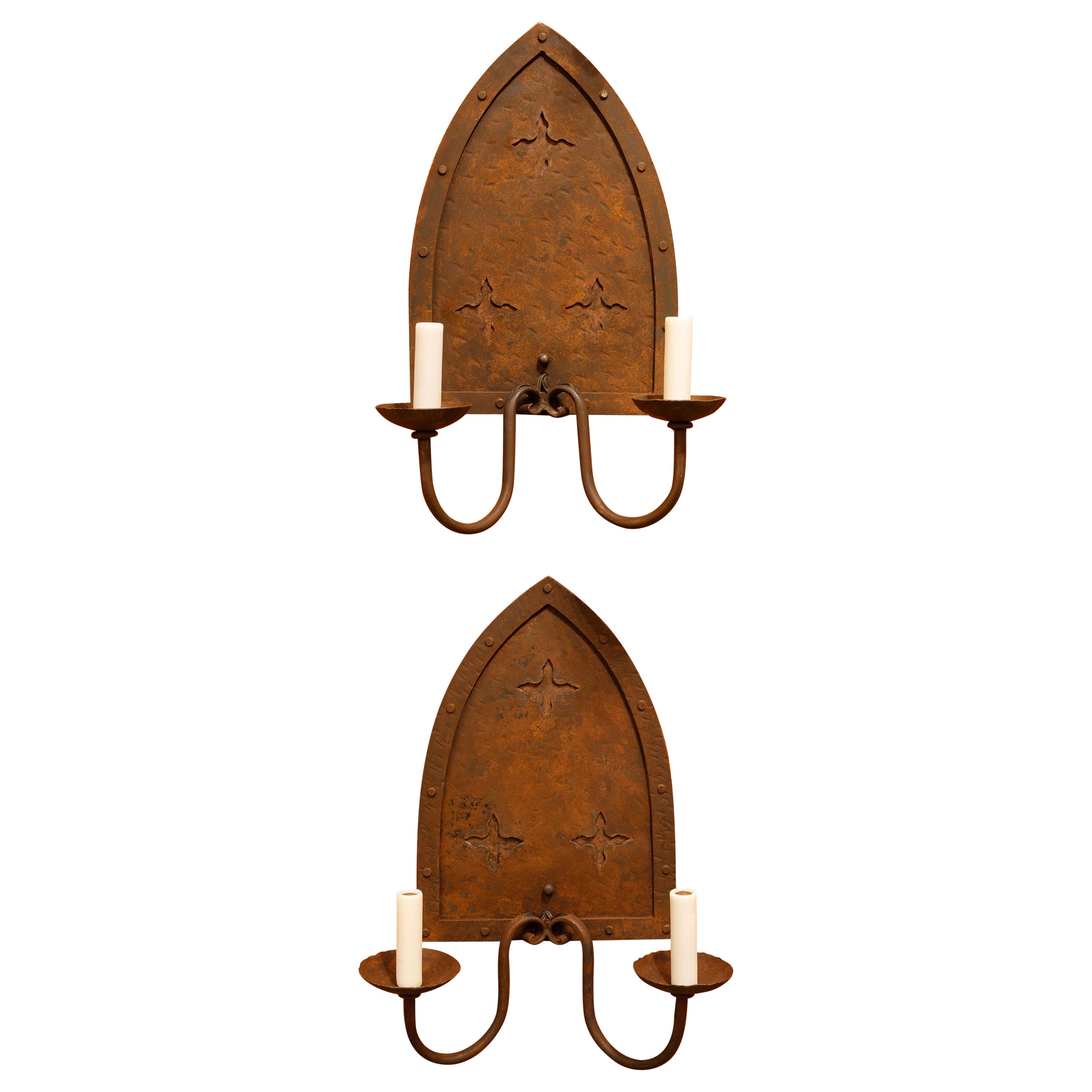 Pair Large-Scale Iron Neo- Gothic Style Sconces with Arts and Crafts Feel For Sale