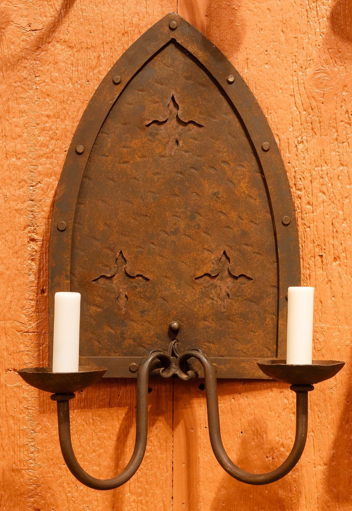 American Pair Large-Scale Iron Neo-Gothic Two Arm Sconces with Arts and Crafts Feel For Sale