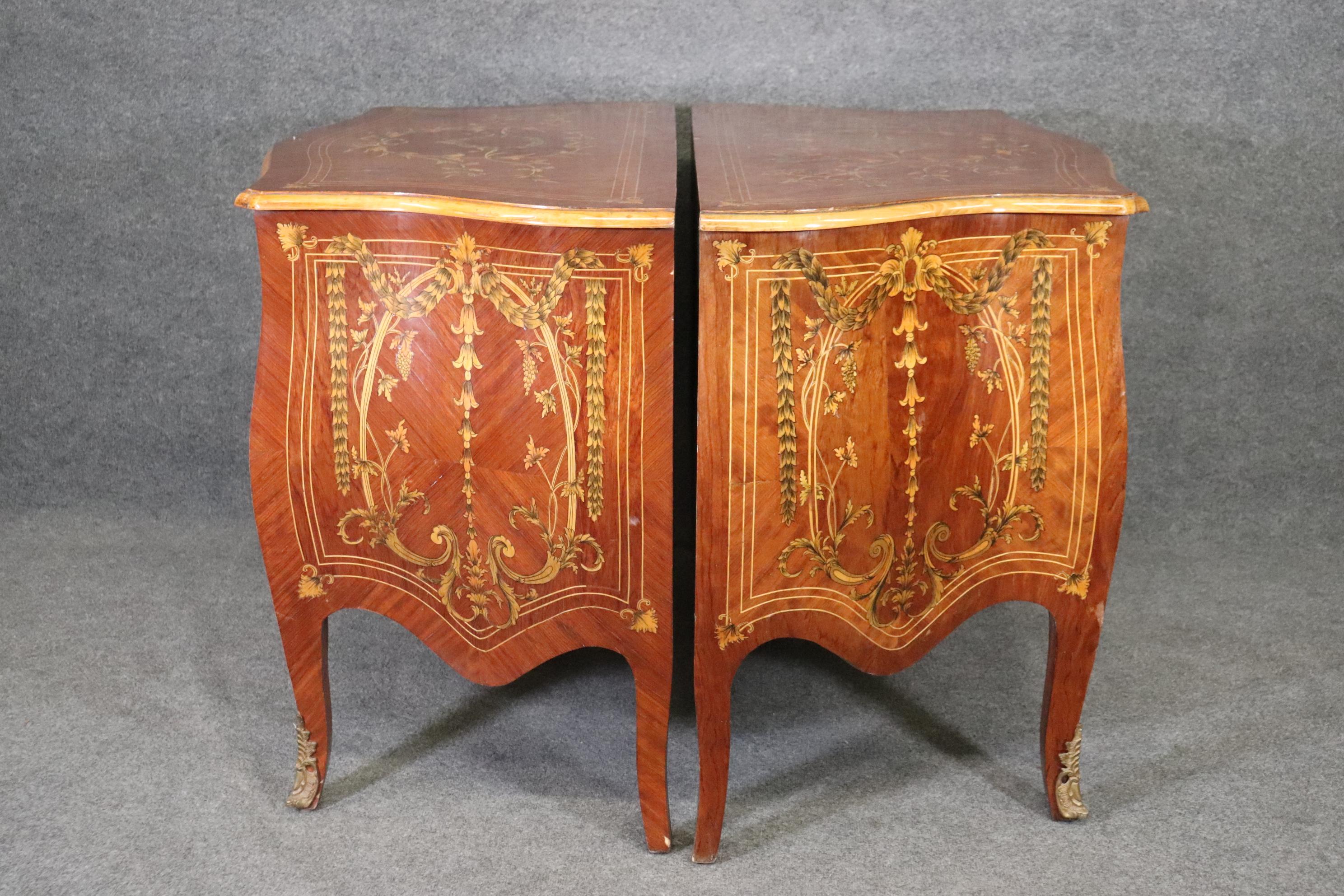 Kingwood Pair Large Scale Italian Maggiolini Inlaid Bombe Louis XV Commodes For Sale