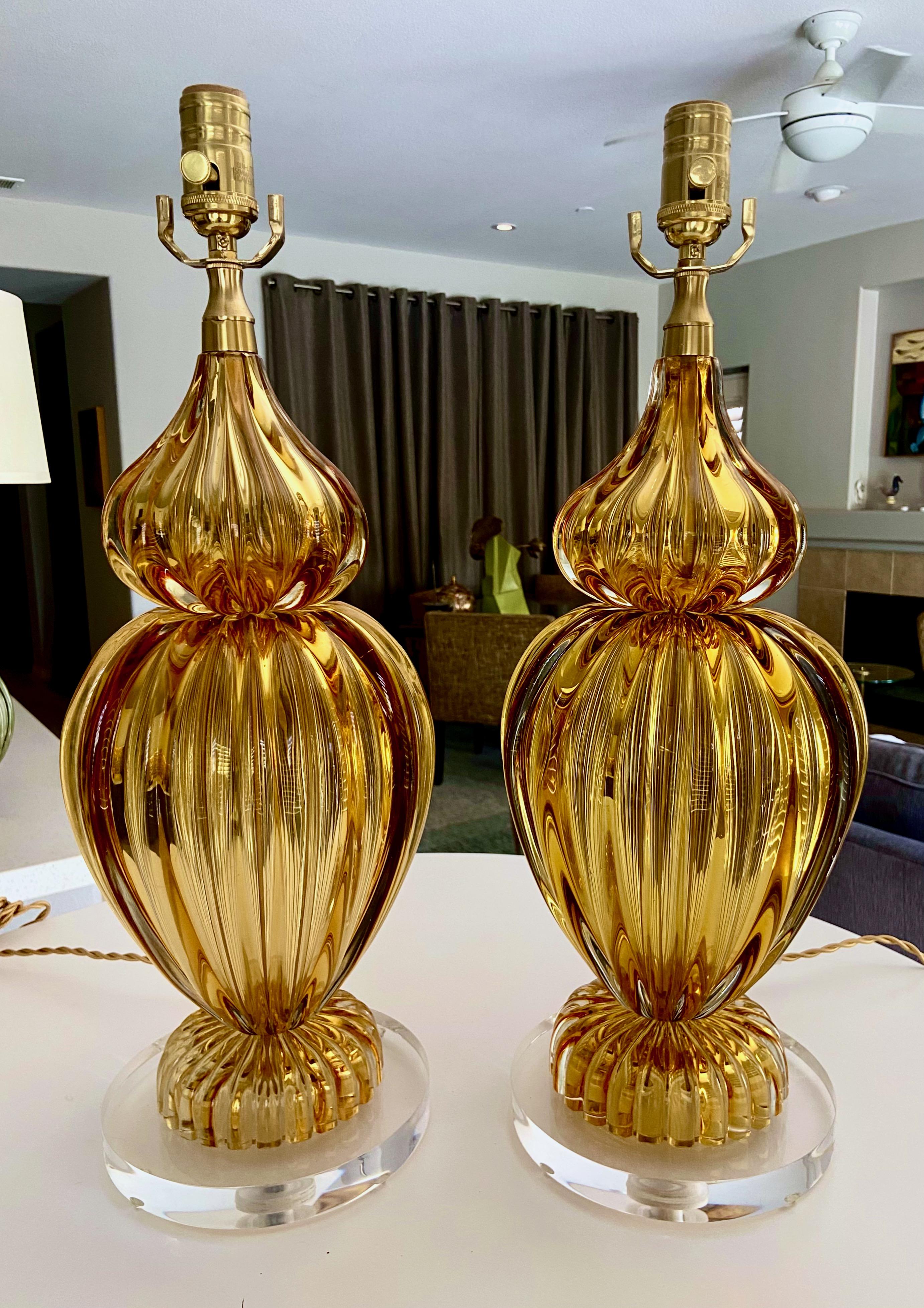 Paire de grandes lampes de table Seguso Murano en ambre doré en vente 6