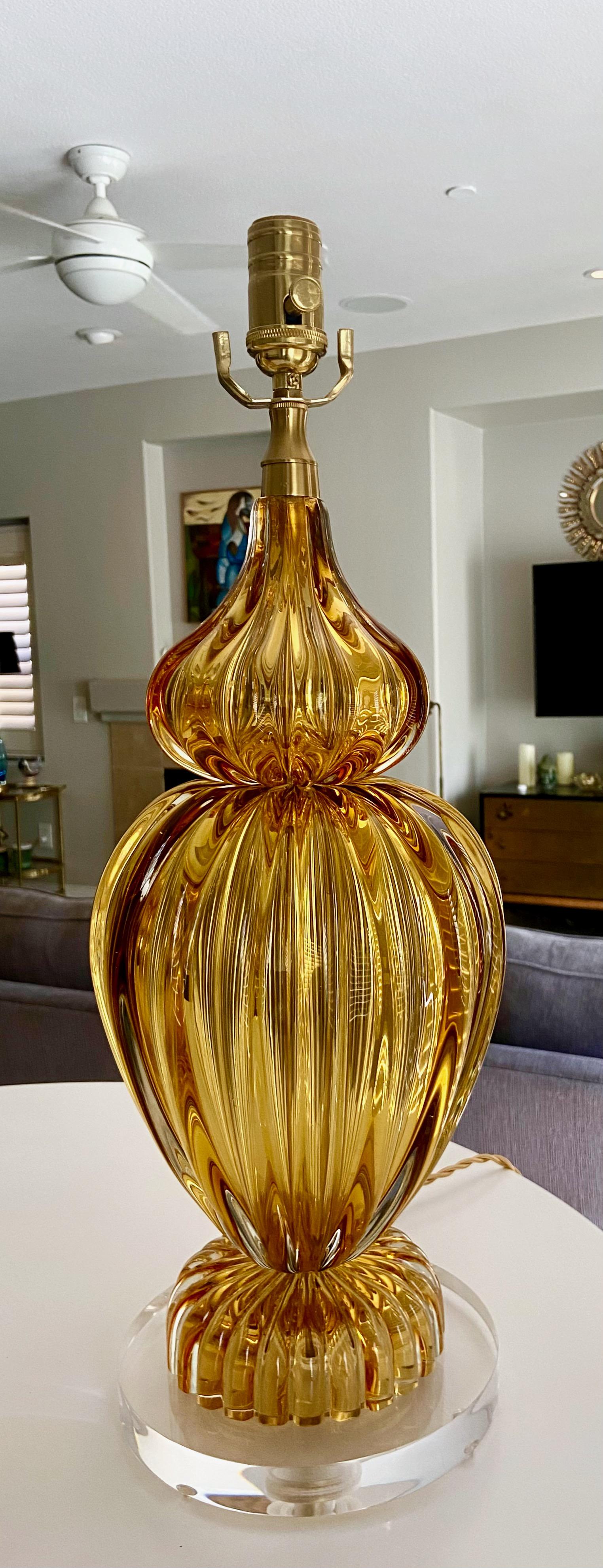 Pair Large Seguso Murano Golden Amber Table Lamps For Sale 7