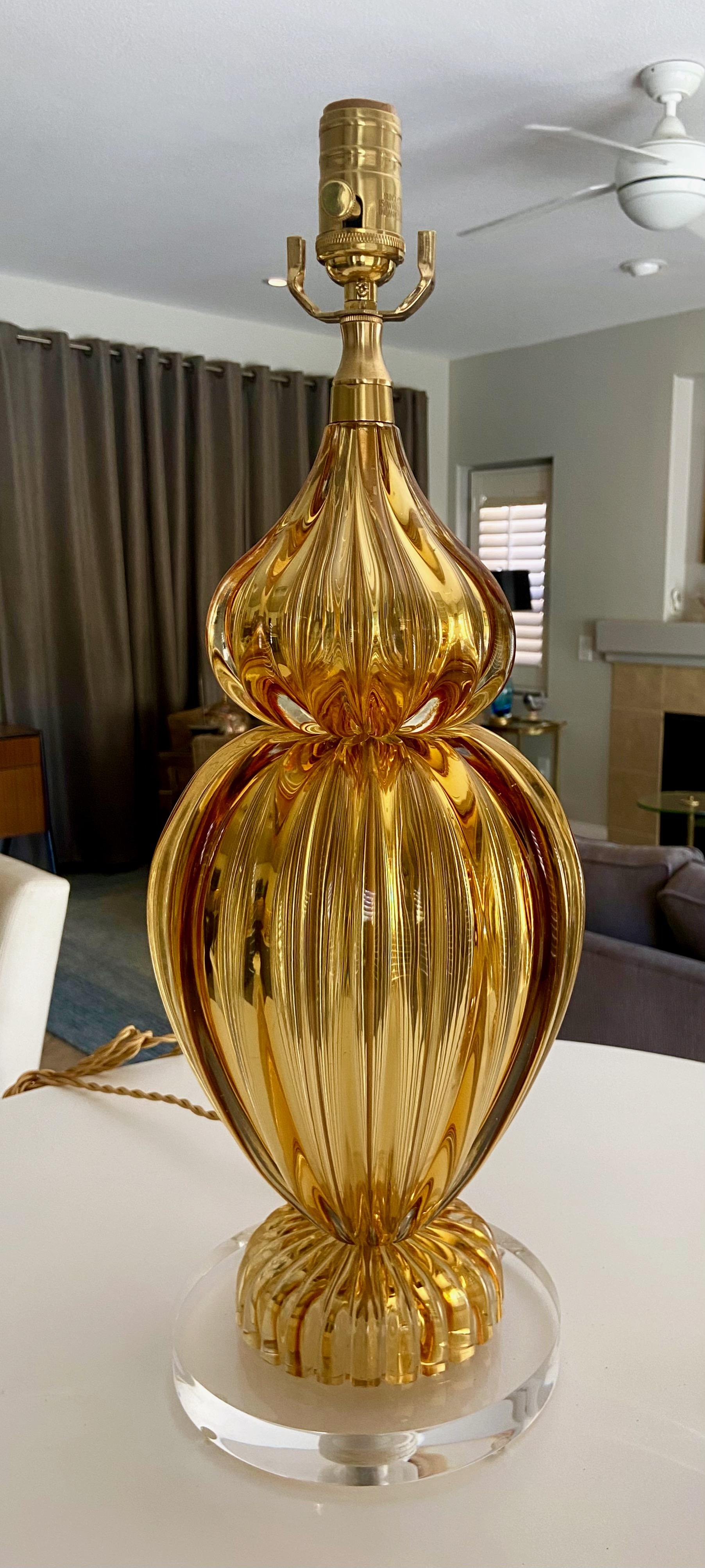 Paire de grandes lampes de table Seguso Murano en ambre doré en vente 8