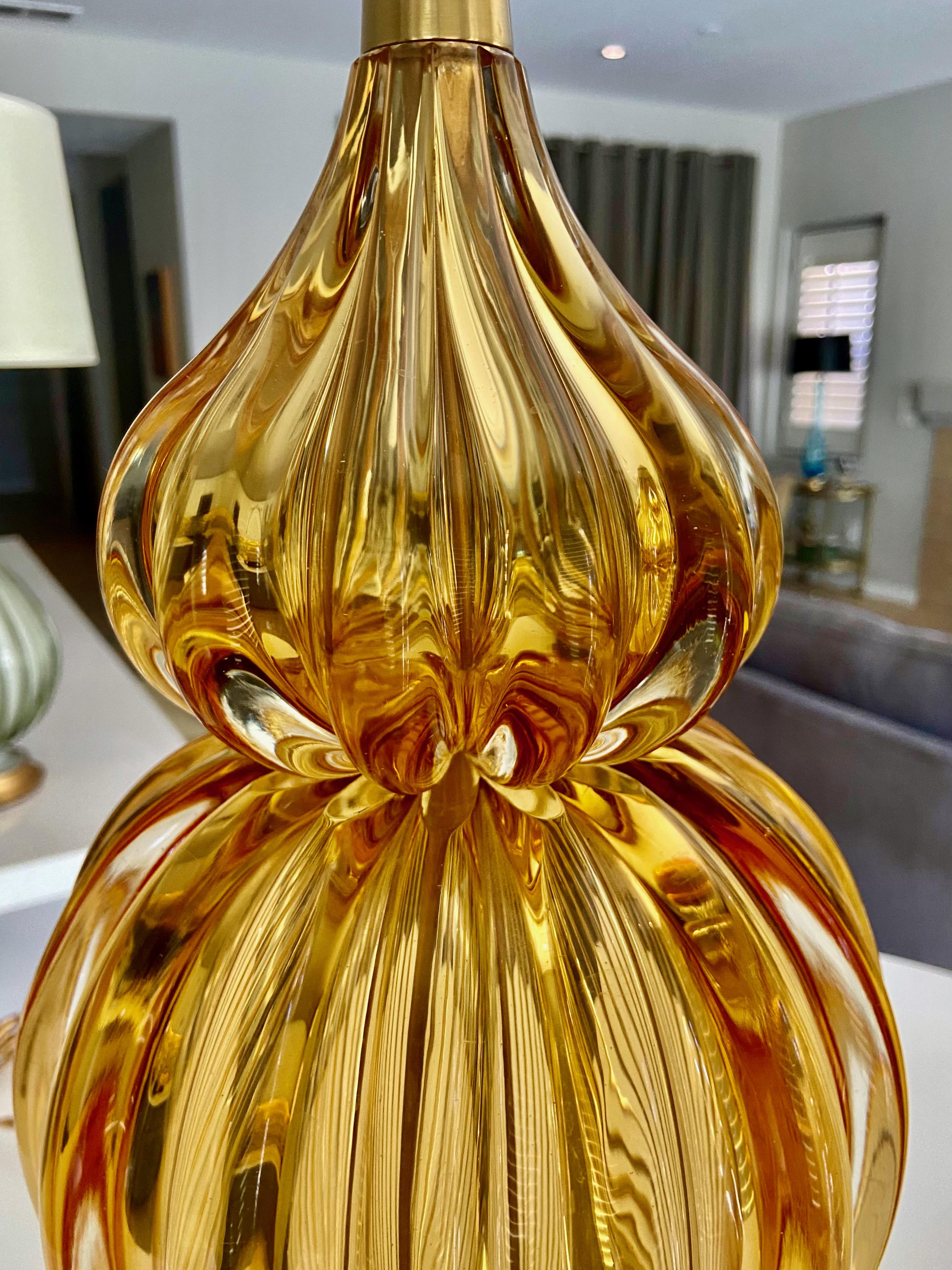 Paire de grandes lampes de table Seguso Murano en ambre doré en vente 10