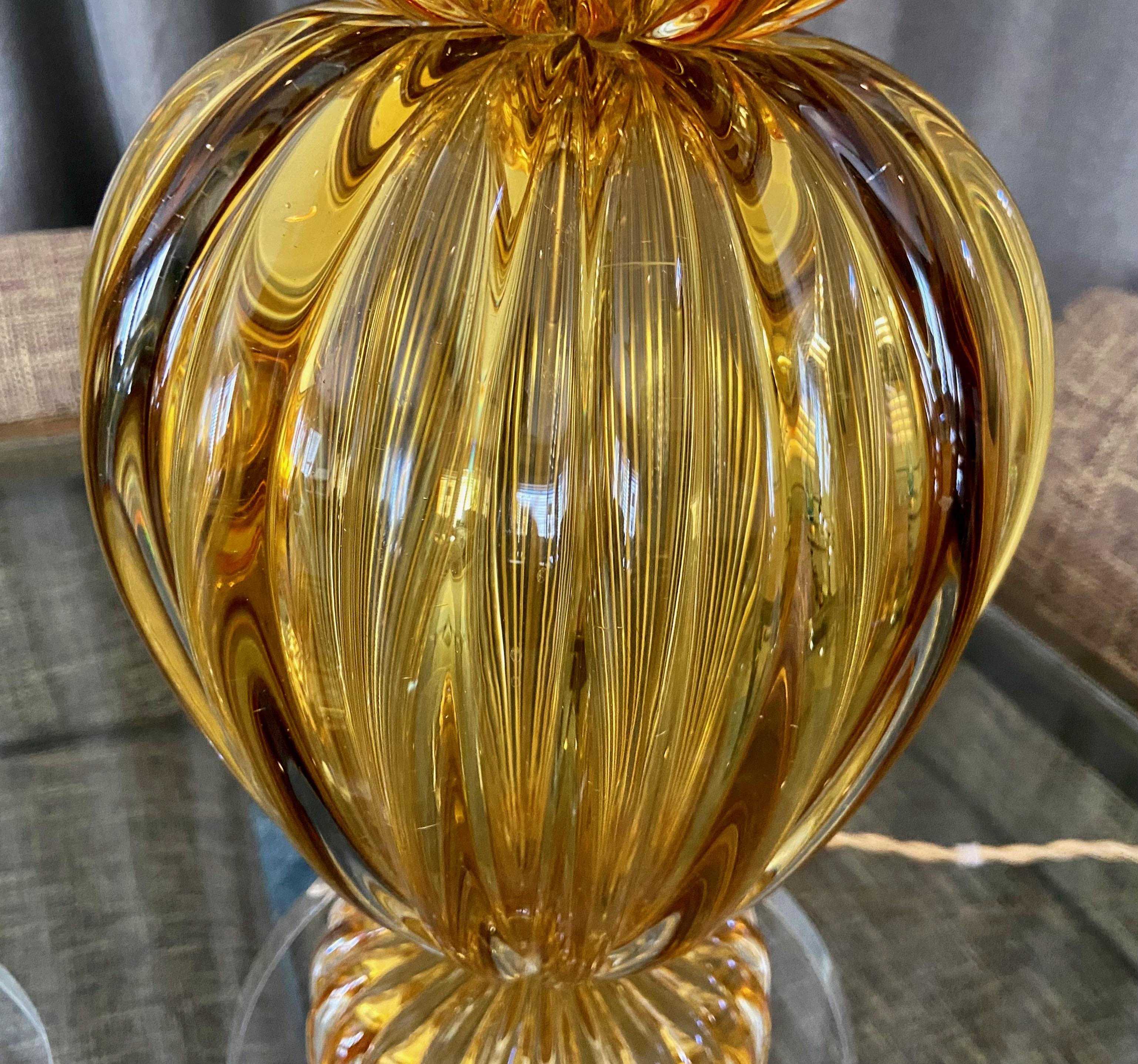 Metal Pair Large Seguso Murano Golden Amber Table Lamps For Sale